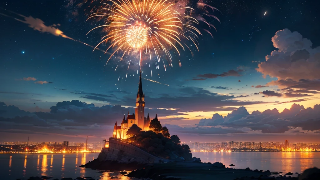 detailed fireworks display in a night sky, blurry foreground, soft focus, vibrant colors, dynamic motion, long exposure, 4k, high quality, photorealistic, cinematic lighting, dramatic atmosphere, stunning visual effects, masterpiece