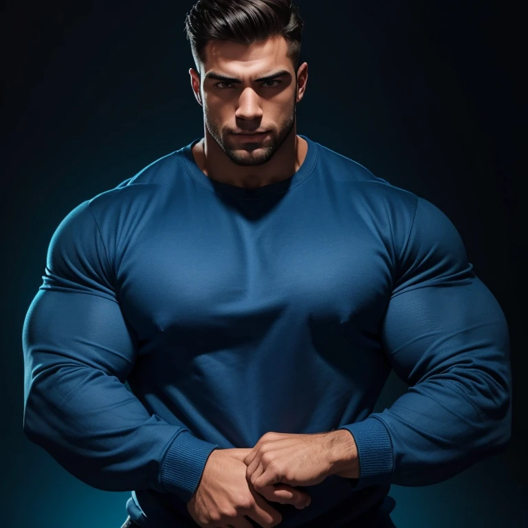 a very handsome young man, massively muscular, with massively large muscles, with massively large biceps, with massively large arms, wearing a simple blue sweatshirt with long sleeves, on a black illuminated background