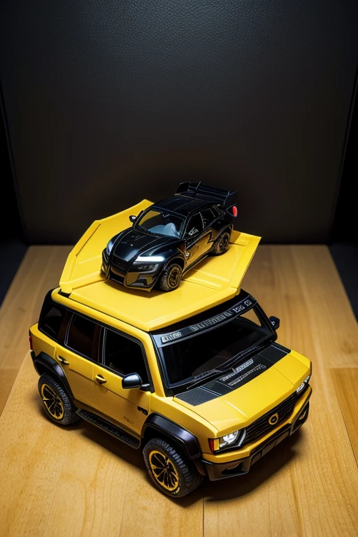Make a dark yellow furry fox car from transformers decepticon with fox vinyl with fox decal with details of furry fox fur from tails the fox from sonic
