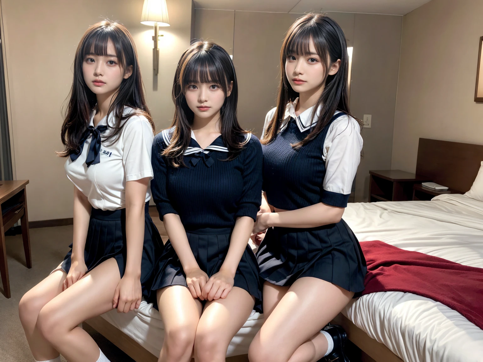 masterpiece, best quality, illustration, Super detailed, fine details, High resolution, 8K,wall paper, perfect dynamic composition,(Details High quality, realistic depiction of eyes:1.3), (3 girls), Black Sailor Uniform, serafuku, Navy pleated skirt, sitting, open legs, short bob hair, in a hotel room in the background, deep on field, large breasts, black hair color, Big Natural Color Lip, (perfect body shape), crying a little、Harajuku style、20 year old girl、cute type、beautiful legs, Gravure Idol