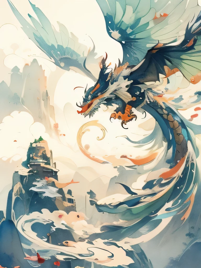 Brightly colored Chinese watercolor dragon flying over mountains with sky background, Dragon Art, Chinese watercolor dragon inspired,Watercolor style,Chinese Art Style,No wings,A beautiful artistic illustration