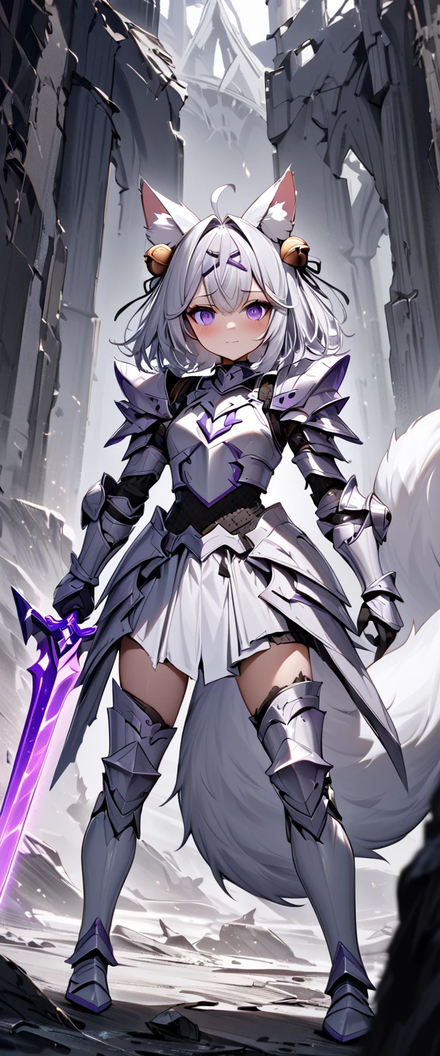 UHD, masterpiece, best quality, extremely detailed, anatomically correct, sharp focus, midnight, gloomy atmosphere, frontal light, soft light, diffused light, shade, no shadow, ((battlefield)), abandoned castle, broken castle, broken walls, broken floors, broken windows, broke glass, 1girl, solo, Filian, fox tail, small cat ears, white hair, short hair, shoulder length hair, ahoge, (purple hairclip:1.4), (hair bell:1.3), hair ornament, hair bell, big eyes, deep violet eyes, blush, closed mouth, slight smile, white knight's armor, white breastplate, white gauntlet, slim arms, hands wielding purple crystal sword, white armored skirt, (black chainmail chausses), slim legs, white leg armor, white greaves, white armored boots, full body shot, full body pose, Eye-Level Shot, front view, full body pose,