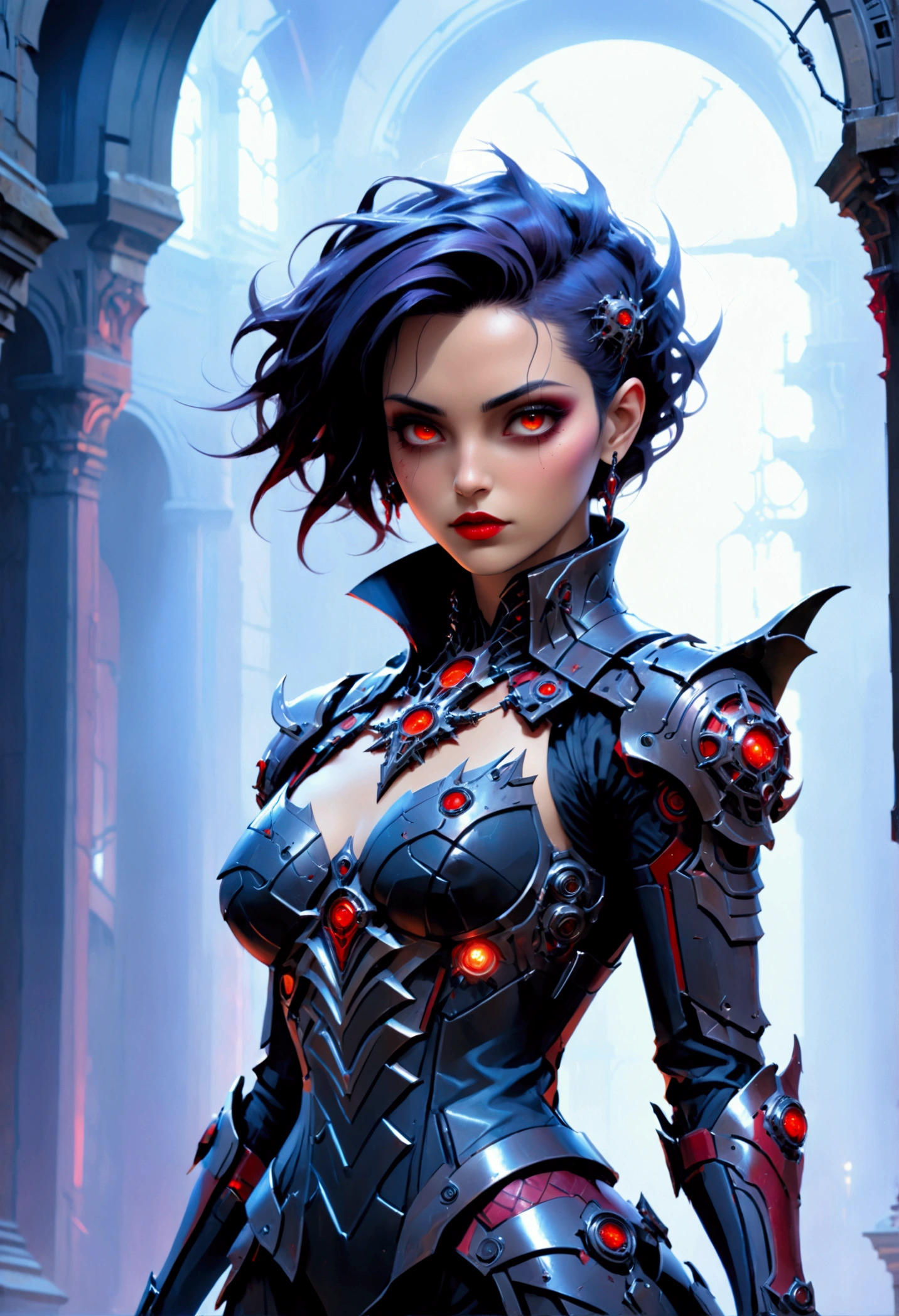 a portrait of mecha female vampire in a dark gothic cyberpunk church, an exotic exquisite beautiful mecha female vampire, dynamic hair color, short hair, dynamic eyes color, intense eyes,  glowing eyes, dynamic eyes color, wearing intricate mech armor, delicate mech armor, delicate blood veins in the armor, wearing thigh high heeled boots, dark gothic cyberpunk church background, vibrant, Ultra-high resolution, High Contrast, (masterpiece:1.5), highest quality, Best aesthetics), best details, best quality, highres, 16k, (ultra detailed: 1.5), masterpiece, best quality, (extremely detailed) RAW, (ultra details, Masterpiece, best quality), Dark Art Painting Style, Dark Fantasy page, bloodpunkai