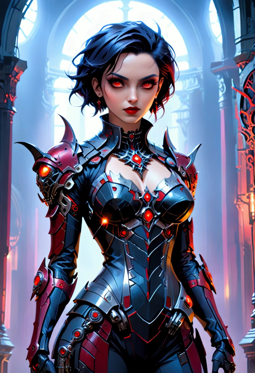 a portrait of mecha female vampire in a dark gothic cyberpunk church, an exotic exquisite beautiful mecha female vampire, dynamic hair color, short hair, dynamic eyes color, intense eyes,  glowing eyes, dynamic eyes color, wearing intricate mech armor, delicate mech armor, delicate blood veins in the armor, wearing thigh high heeled boots, dark gothic cyberpunk church background, vibrant, Ultra-high resolution, High Contrast, (masterpiece:1.5), highest quality, Best aesthetics), best details, best quality, highres, 16k, (ultra detailed: 1.5), masterpiece, best quality, (extremely detailed) RAW, (ultra details, Masterpiece, best quality), Dark Art Painting Style, Dark Fantasy page, bloodpunkai