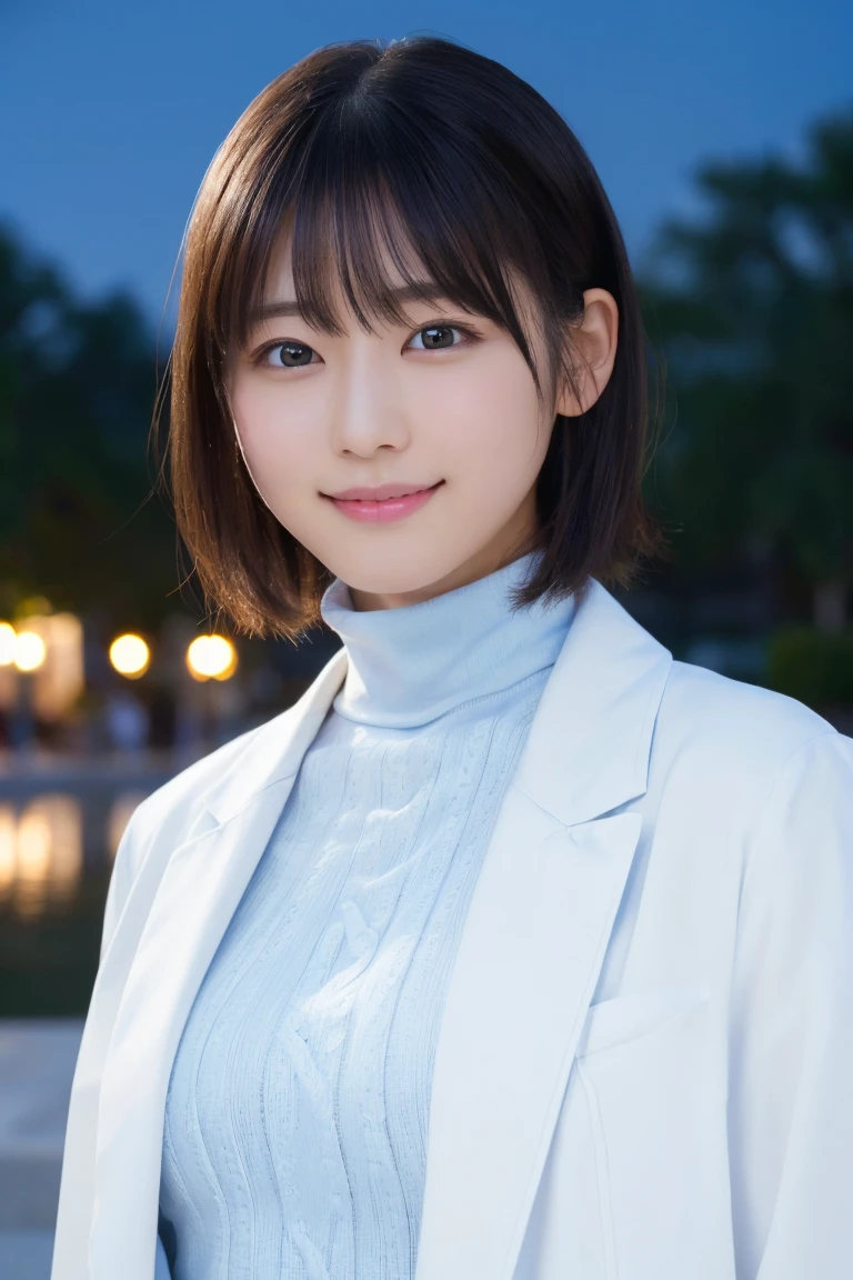 masterpiece, Highest quality, One Woman, (White coat、Light blue turtleneck:1.2), 22 years old、(RAW Photos, Highest quality), (reality, Realistic:1.4), Upper Body、Clean look、Iris、very detailed eyes and face, Beautiful and detailed nose, beautiful eyes, Cinema Lighting, (Plein Air:1.3), Fountain at night, Reflection of light, Perfect Anatomy、Black short hair、bangs、Crystal skin, A cool smile、Face Focus