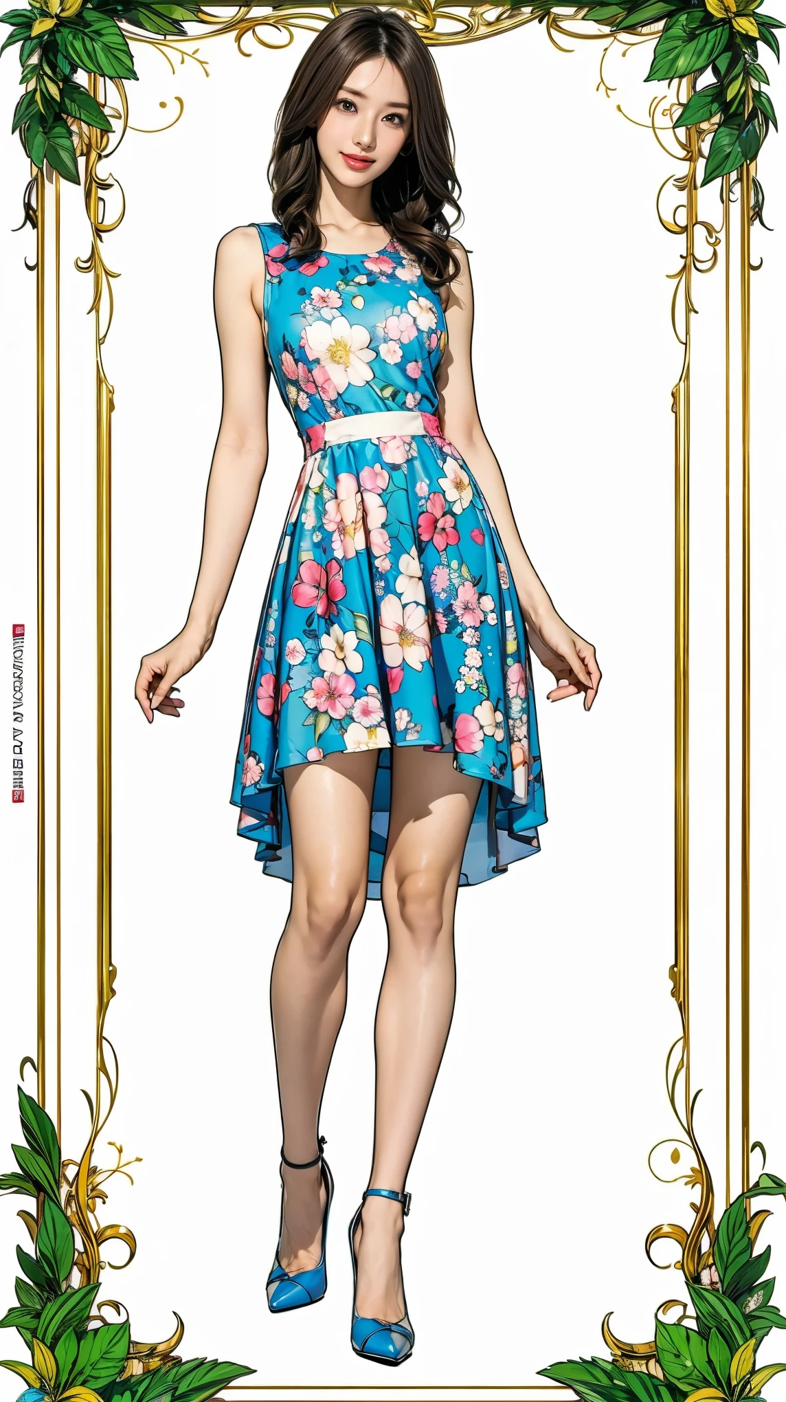 ((masterpiece)),(((Highest quality))),Character design sheet:1.5，Long legs,Slender figure:1.5，whole body:1.5，(One Girl:1.3),(Viewer Display:1.4)，The best smile:1.5，(Pointy high heels:1.3),(Stand with legs apart:1.2),(Wearing a floral and plant print mini dress:1.2), Curly Hair:1.5，High waist:1.5，