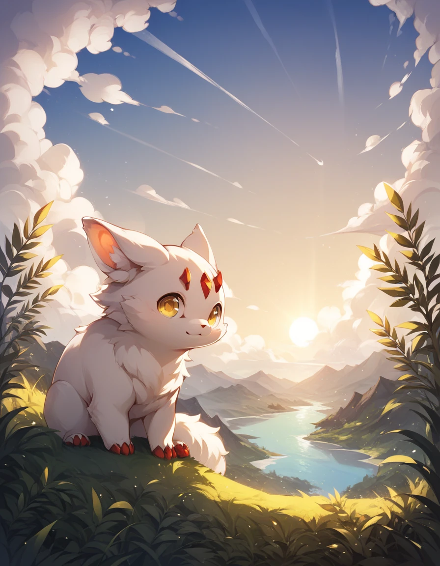 score_9, score_8_up, score_7, score_6_up, faputa,  feral, yellow eyes, (horizontal pupils), brown skin, white fur, red claws, white fluffy tail, three-quarter view, half-length portrait, full body,  BREAK, fantasy, morning, plant, sky, cloud, detailed background, foreground, depth of field, ambient silhouette, masterpiece, best quality, light, 