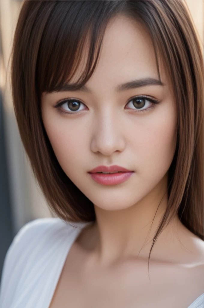 ((Best quality, 8k, Masterpiece :1.3)), Sharp focus :1.2, A pretty woman with perfect figure :1.4, Slender abs :1.2, ((Dark brown hair, Big breasts :1.2)), (Natural light, City street:1.1), Highly detailed face and skin texture, Detailed eyes, Double eyelid