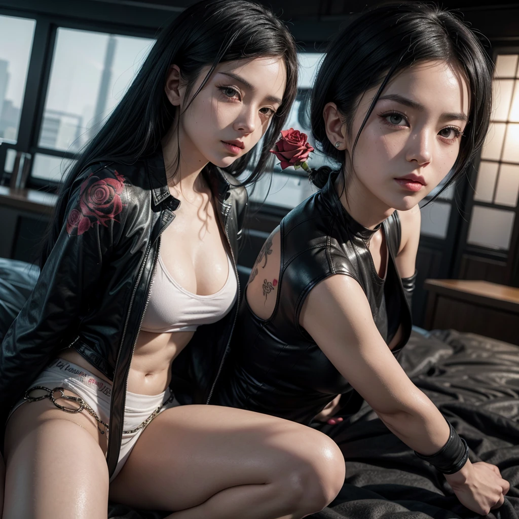 Create a female character in the style of the Tokyo Revengers anime, japan gangster, young woman with black hair and rose tattoo.