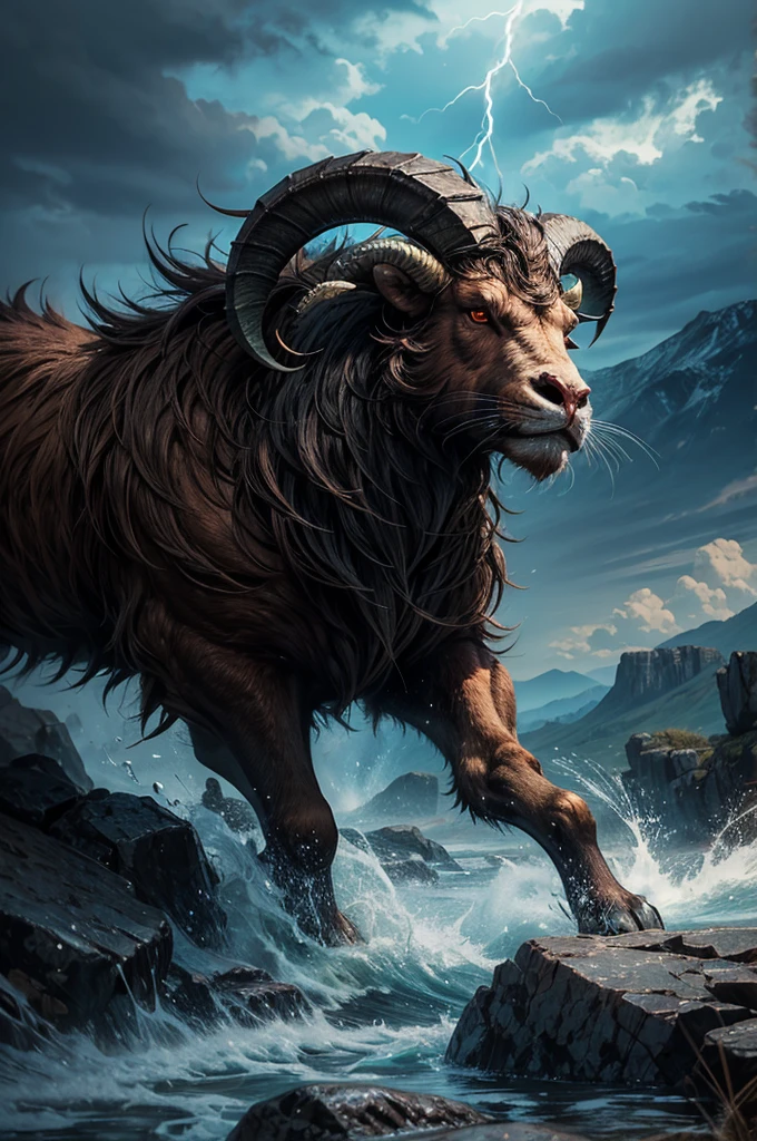 Imagine a representation of the zodiac sign Aries in an enraged and terrifying form. The figure would have the head of a ram, with massive, spiraling horns that curve menacingly, their edges sharp and intimidating. The ram's eyes would blaze with a fierce, fiery glow, radiating intense anger and determination. Its nostrils would be flared, snorting out steam as if the creature were breathing fire.

The ram's muscular body would be tensed, every muscle defined and quivering with pent-up energy. The fur would be rugged and bristling, standing on end as if charged with an electric current. Its legs, sturdy and powerful, would be poised to charge, hooves digging into the ground, ready to unleash its full force.

The background would depict a rugged, mountainous terrain under a dark, turbulent sky. Jagged rocks and cliffs would surround the ram, with storm clouds swirling above and lightning flashing dramatically, casting eerie shadows across the landscape. The ground beneath the ram's hooves would be cracked and scorched, as if scorched by its sheer fury.

This depiction of Aries would exude an aura of raw, unbridled power and terrifying aggression, embodying the fierce and unstoppable nature of the sign in its most fearsome form.