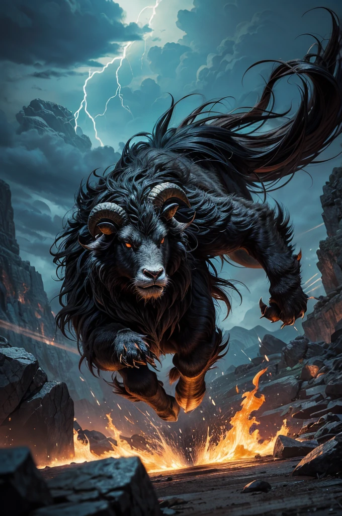 Imagine a representation of the zodiac sign Aries in an enraged and terrifying form. The figure would have the head of a ram, with massive, spiraling horns that curve menacingly, their edges sharp and intimidating. The ram's eyes would blaze with a fierce, fiery glow, radiating intense anger and determination. Its nostrils would be flared, snorting out steam as if the creature were breathing fire.
The ram's muscular body would be tensed, every muscle defined and quivering with pent-up energy. The fur would be rugged and bristling, standing on end as if charged with an electric current. Its legs, sturdy and powerful, would be poised to charge, hooves digging into the ground, ready to unleash its full force.
The background would depict a rugged, mountainous terrain under a dark, turbulent sky. Jagged rocks and cliffs would surround the ram, with storm clouds swirling above and lightning flashing dramatically, casting eerie shadows across the landscape. The ground beneath the ram's hooves would be cracked and scorched, as if scorched by its sheer fury.
This depiction of Aries would exude an aura of raw, unbridled power and terrifying aggression, embodying the fierce and unstoppable nature of the sign in its most fearsome form.