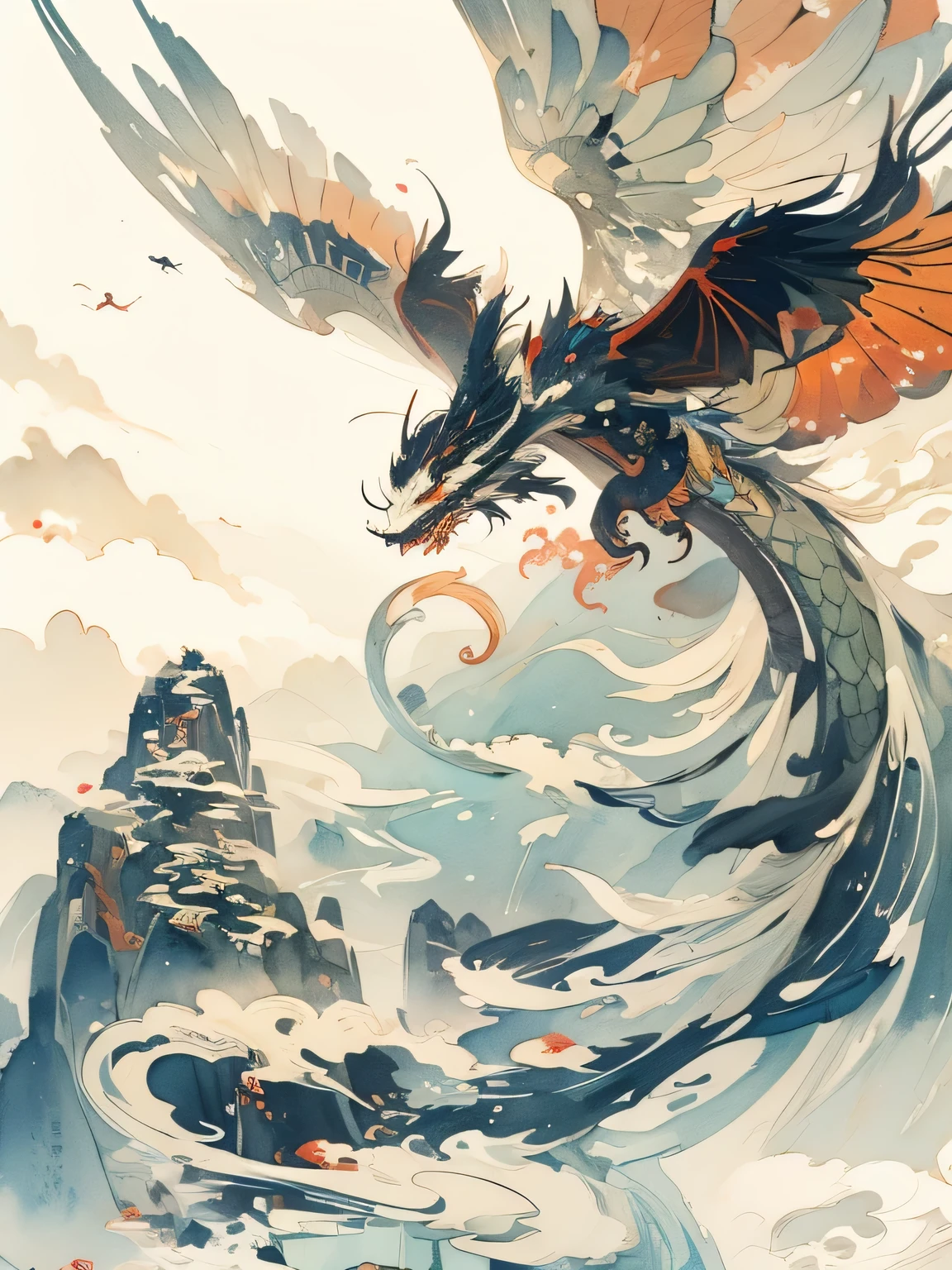 Brightly colored Chinese watercolor dragon flying over mountains with sky background, Dragon Art, 中国ink龙启发,Watercolor style，ink，Chinese Art Style，A beautiful artistic illustration