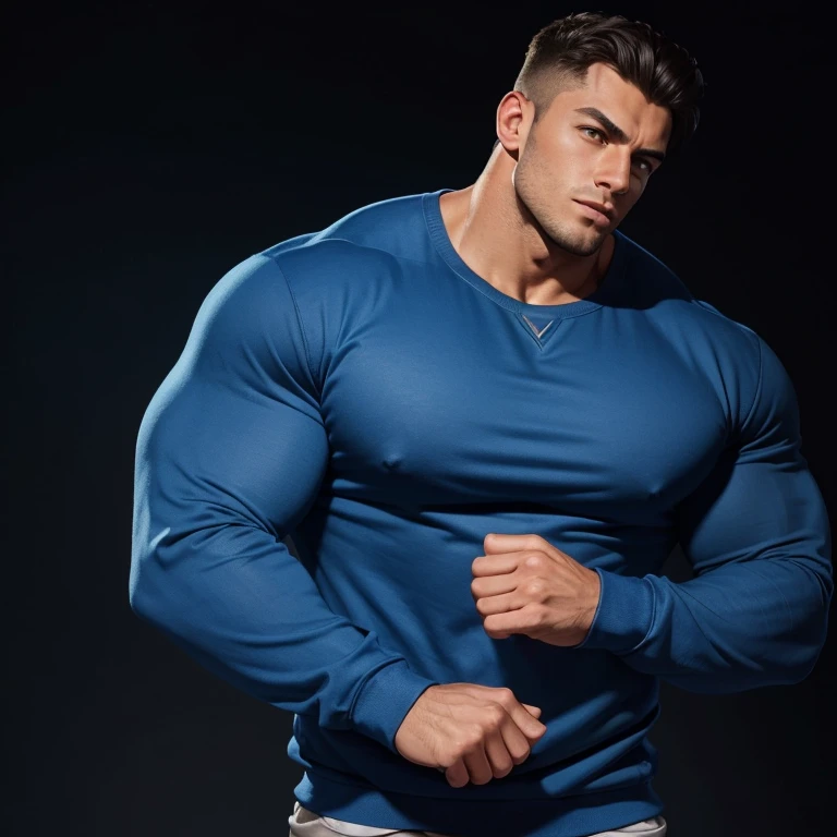 a very handsome young man, massively muscular, with massively large muscles, with massively large biceps, with massively large arms, wearing a simple blue sweatshirt with long sleeves, on a black background