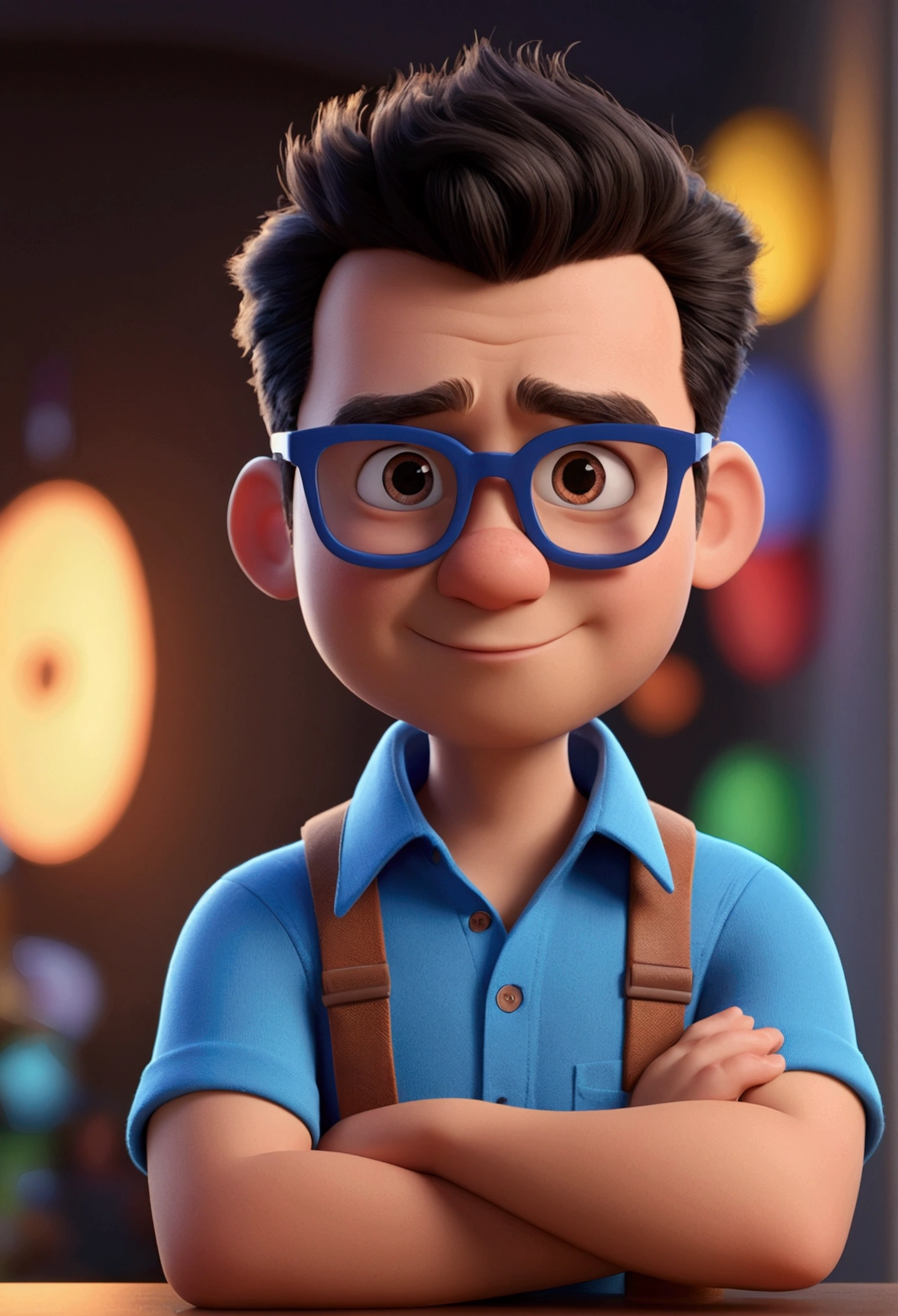 Cartoon character of a man with black glasses and a blue shirt, animation character, Caractere estilizado, animation style rendering, 3D estilizado, Arnold Maya render, 3 d render stylized, toon render keyshot, Personagem 3D, Personagem 3D, 3d rendering stylized, 3 d character render, personagem de desenho animado, Personagem de close up, Pose de personagem,  (Estilo Pixar) (master part:1.2) (Bokeh) (best quality) (pele detalhada) (textura detalhada) (8k) (argila) (Cinematic lighting) (sharp focus hand hold in phone call