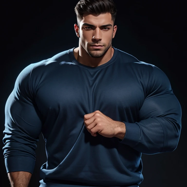 a very handsome young man, massively muscular, with massively large muscles, with massively large biceps, with massively large arms, wearing a simple blue sweatshirt with long sleeves, on a black background