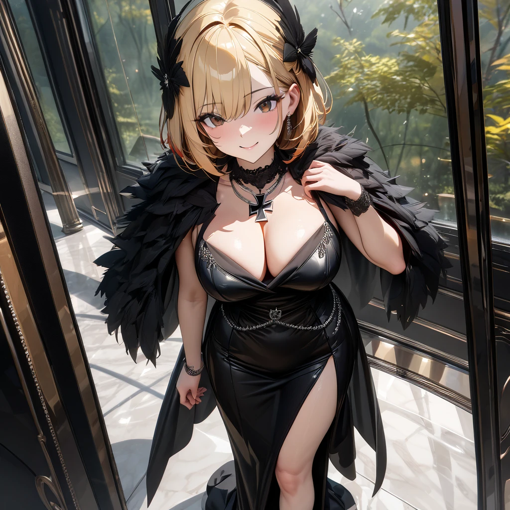 A woman wearing a low-cut black dress, luxurious dress, large breasts, wearing a gray fur scarf on her shoulders, an iron cross necklace on her neck, smiling, standing upright, brown eyes, blonde hair, black feather in her hair, short hair, red bangs, multicolored hair (blonde with red bangs), black heels, in a luxury room with a white marble floor, gray wall with large luxury glass windows overlooking a forest.,(solo woman), close view , masterpiece , accurate , anatomically correct , textured skin , super details , high quality , best quality, 8k, high resolution, bokeh effect.
