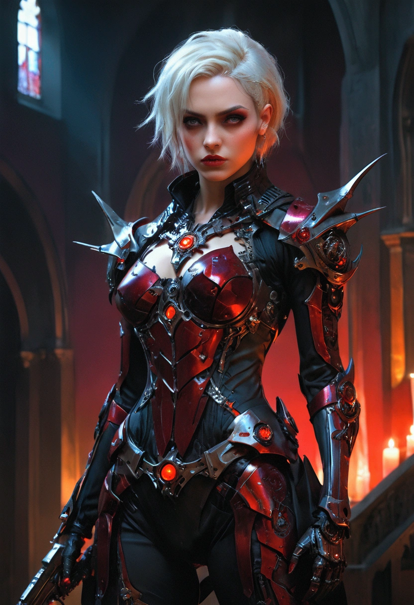 a portrait of mecha female vampire in a dark gothic cyberpunk church, an exotic exquisite beautiful mecha female vampire, dynamic hair color, short hair, dynamic eyes color, intense eyes,  glowing eyes, dynamic eyes color, wearing intricate mech armor, delicate mech armor, delicate blood veins in the armor, wearing thigh high heeled boots, dark gothic cyberpunk church background, vibrant, Ultra-high resolution, High Contrast, (masterpiece:1.5), highest quality, Best aesthetics), best details, best quality, highres, 16k, (ultra detailed: 1.5), masterpiece, best quality, (extremely detailed) RAW, (ultra details, Masterpiece, best quality), Dark Art Painting Style, Dark Fantasy page, bloodpunkai