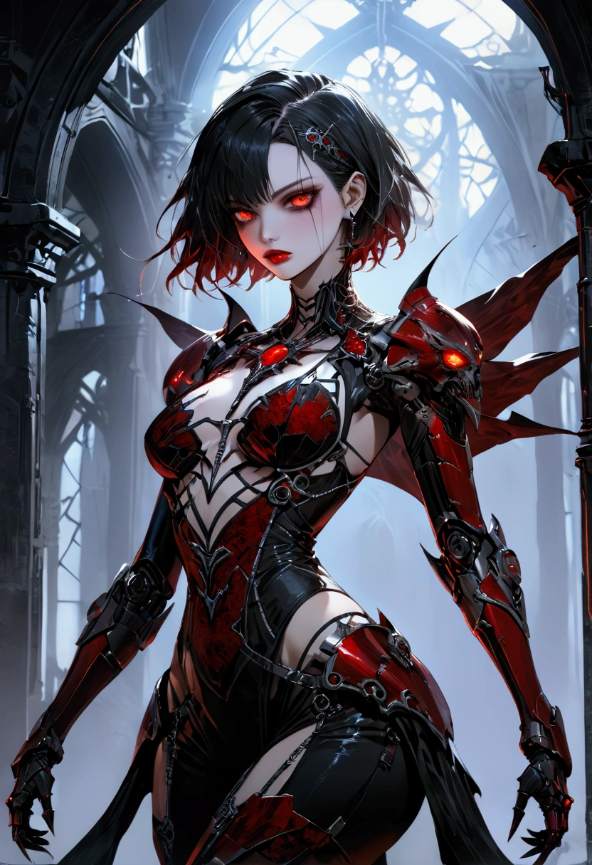 a portrait of mecha female vampire in a dark gothic cyberpunk church, an exotic exquisite beautiful mecha female vampire, dynamic hair color, short hair, dynamic eyes color, intense eyes,  glowing eyes, dynamic eyes color, wearing intricate mech armor, delicate mech armor, delicate blood veins in the armor, wearing thigh high heeled boots, dark gothic cyberpunk church background, vibrant, Ultra-high resolution, High Contrast, (masterpiece:1.5), highest quality, Best aesthetics), best details, best quality, highres, 16k, (ultra detailed: 1.5), masterpiece, best quality, (extremely detailed) RAW, (ultra details, Masterpiece, best quality), Dark Art Painting Style, Dark Fantasy page, bloodpunkai