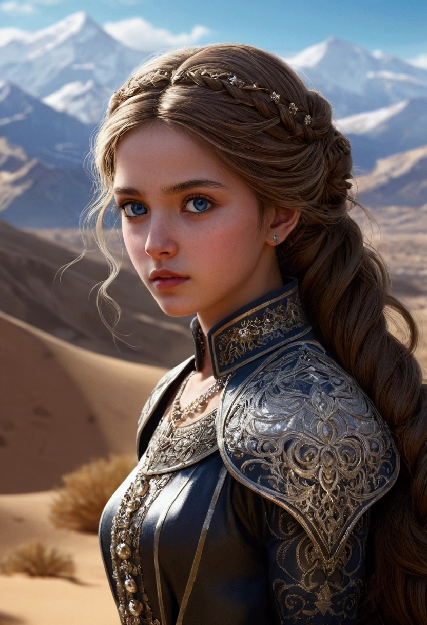 ((masterpiece)),Best Quality, illustration, Dark, 1 girl, in the desert,high mountain,Snow-capped mountains in the distance, castillo, beautiful detailed eyes, Beautiful detailed hair,
