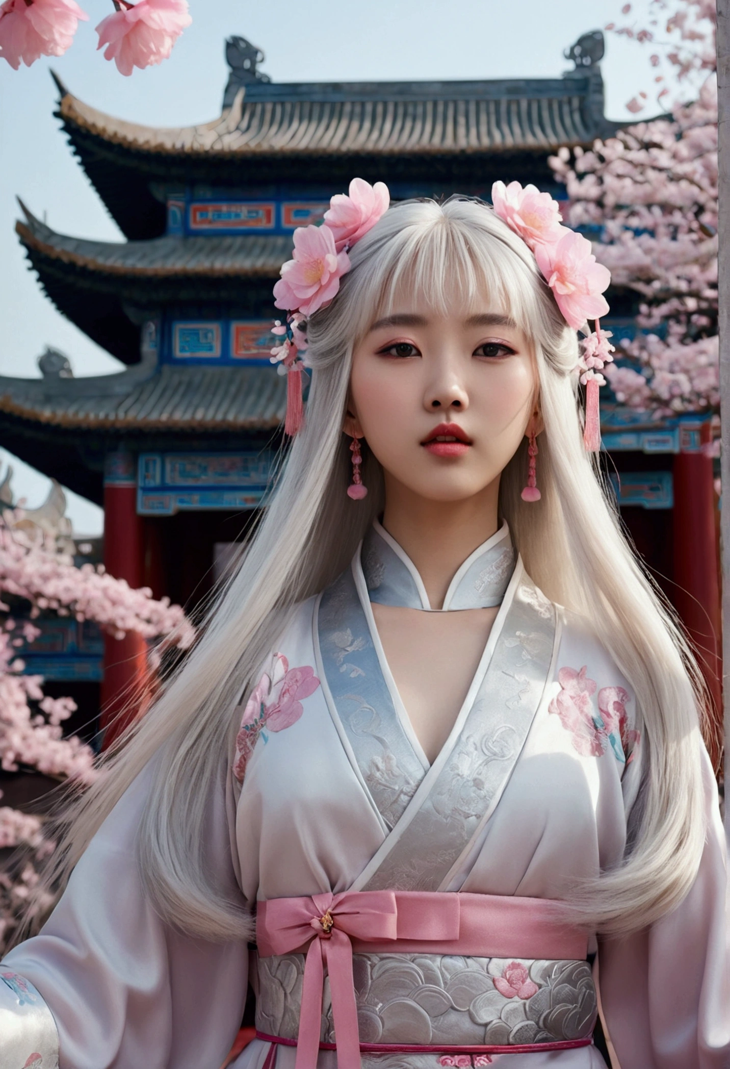 8k, masterpiece, Highest quality, 1 girl, Chinese style, Chinese architecture, Long Silver White Hair, Pale pink lips, Clear Eyes, bangs, Pink flower on head, Floral Background, Petal Dance, Delicate face, close,ephemeral,disappear