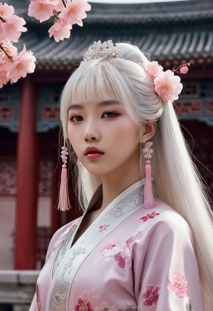 8k, masterpiece, Highest quality, 1 girl, Chinese style, Chinese architecture, Long Silver White Hair, Pale pink lips, Clear Eyes, bangs, Pink flower on head, Floral Background, Petal Dance, Delicate face, close,ephemeral,disappear