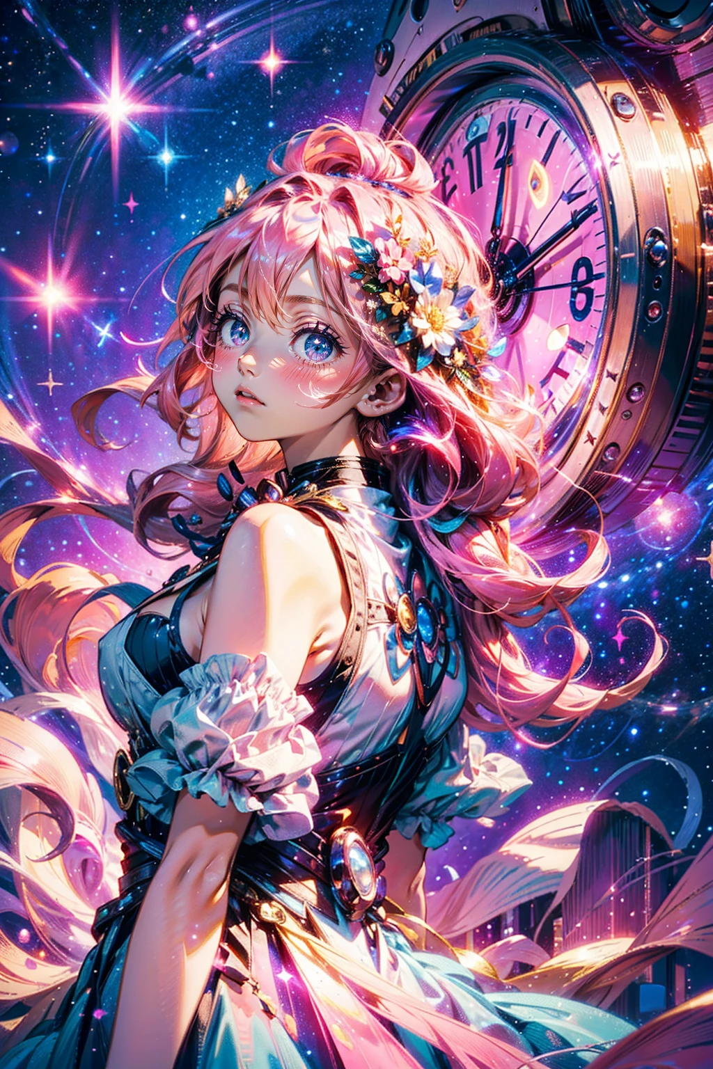 1girl,solo,cute,pink hair,cleavage,upper body,dress,brilliant eye,back to the clock,flow of time,time,star,space