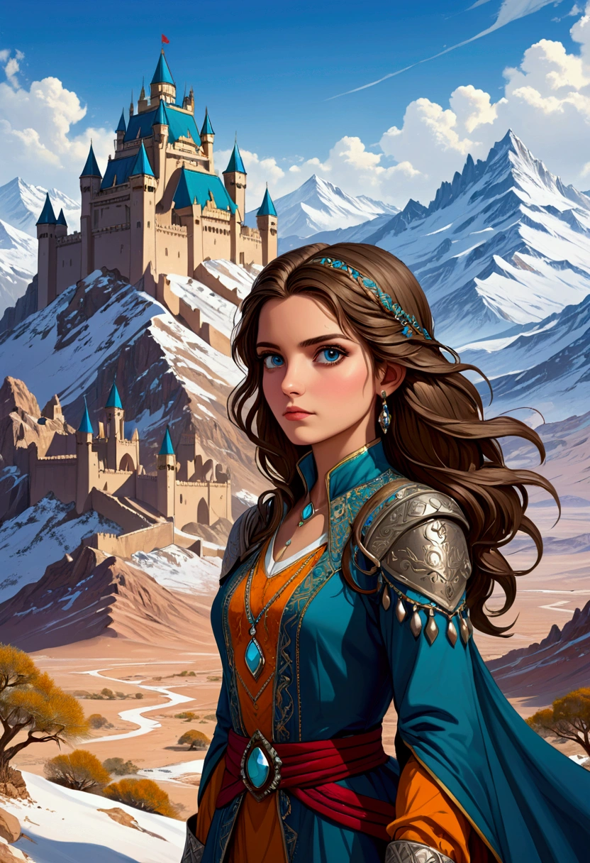 ((masterpiece)),Best Quality, illustration, Dark, 1 girl, in the desert,high mountain,Snow-capped mountains in the distance, castillo, beautiful detailed eyes,  Beautiful detailed hair,