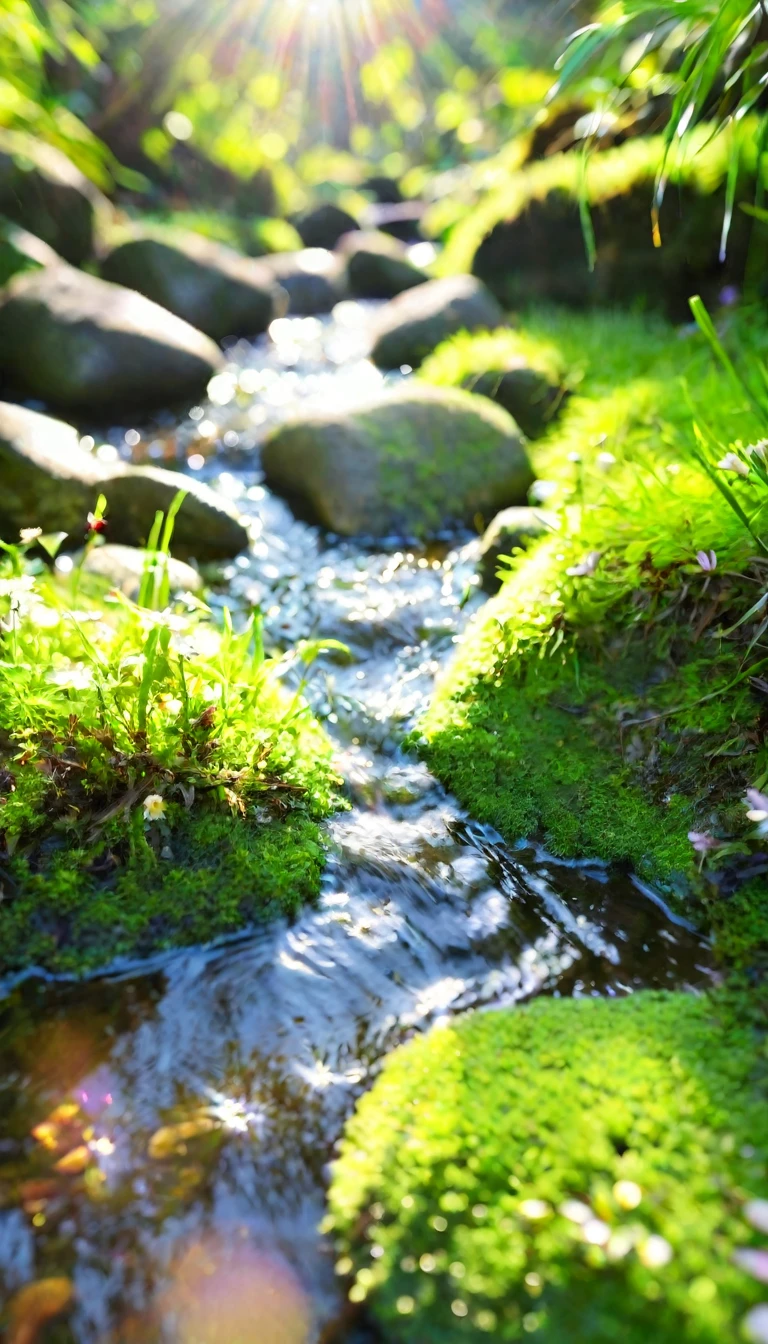 Creek,Water Flow,stone,Green Jungle,high-definition,Realistic style,Close-up,Low Angle of View,Light spot,moss,Small Flower,Grass,The stone in the lower center of the picture,Natural Scenes,Bright colors,Large aperture,Close shot,blur background/Bokeh,lens flare