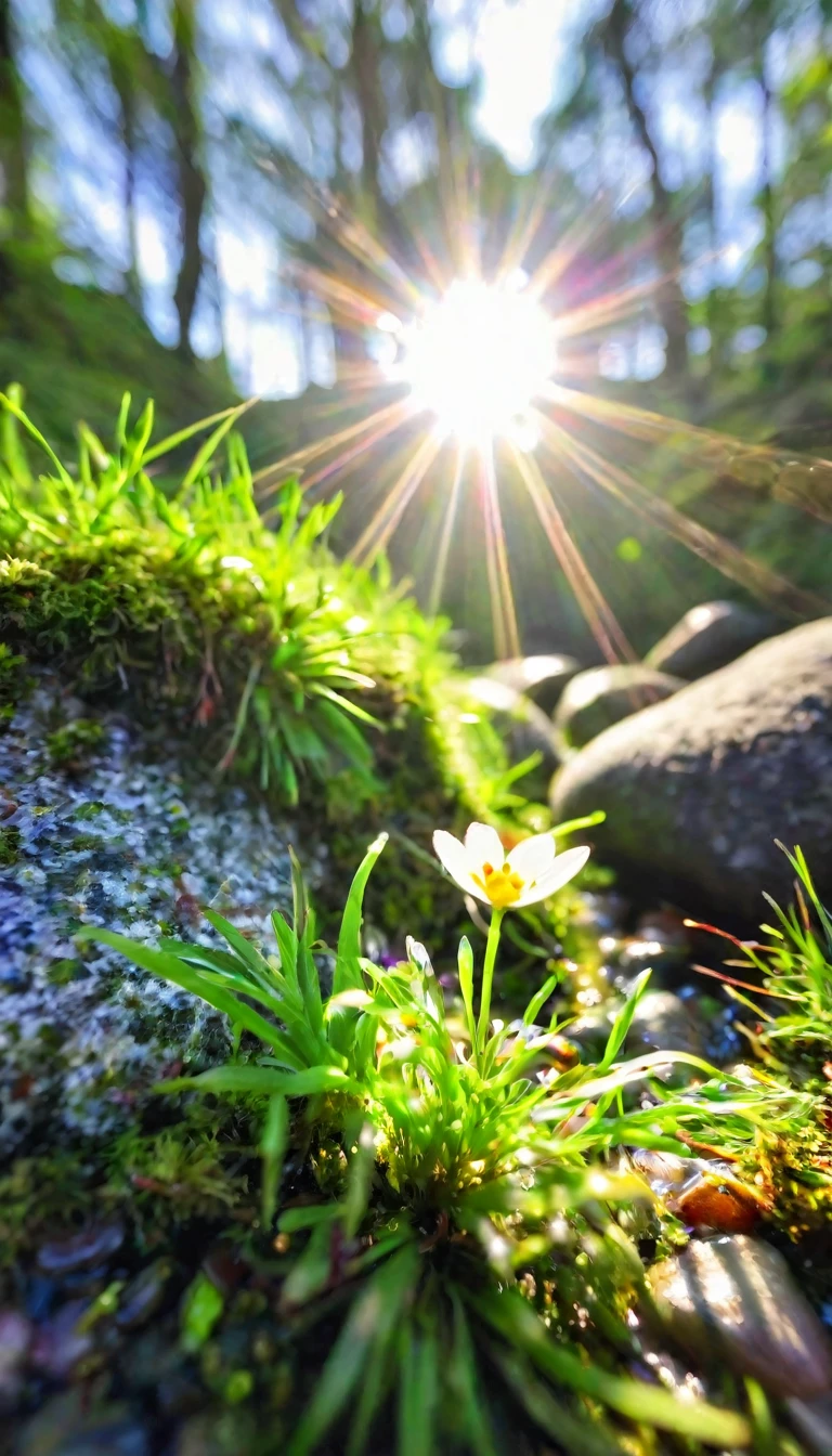 Creek，Water Flow，stone，Green Jungle，high-definition，Realistic style，Close-up，Low Angle of View，Light spot，moss，Small Flower，Grass，The stone in the lower center of the picture，Natural Scenes，Bright colors，Large aperture,Close shot,blur background/Bokeh,lens flare