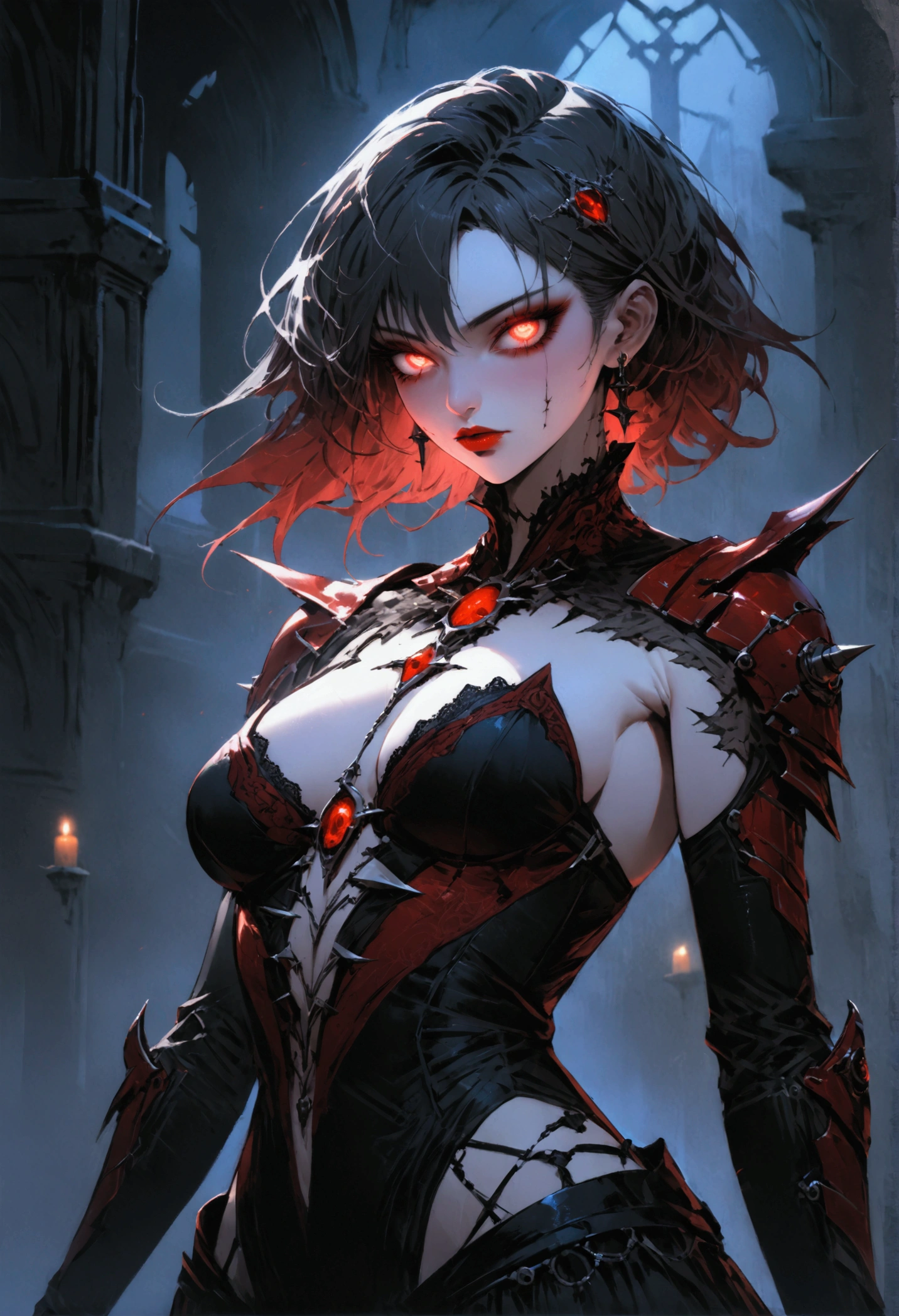 a portrait of mecha female vampire in a dark gothic cyberpunk church, an exotic exquisite beautiful mecha female vampire, dynamic hair color, short hair, dynamic eyes color, intense eyes, glowing eyes, dynamic eyes color, wearing intricate mech armor, delicate mech armor, delicate blood veins in the armor, wearing thigh high heeled boots, dark gothic cyberpunk church background, vibrant, Ultra-high resolution, High Contrast, (masterpiece:1.5), highest quality, Best aesthetics), best details, best quality, highres, 16k, (ultra detailed: 1.5), masterpiece, best quality, (extremely detailed) RAW, (ultra details, Masterpiece, best quality), Dark Art Painting Style, Dark Fantasy page, bloodpunkai