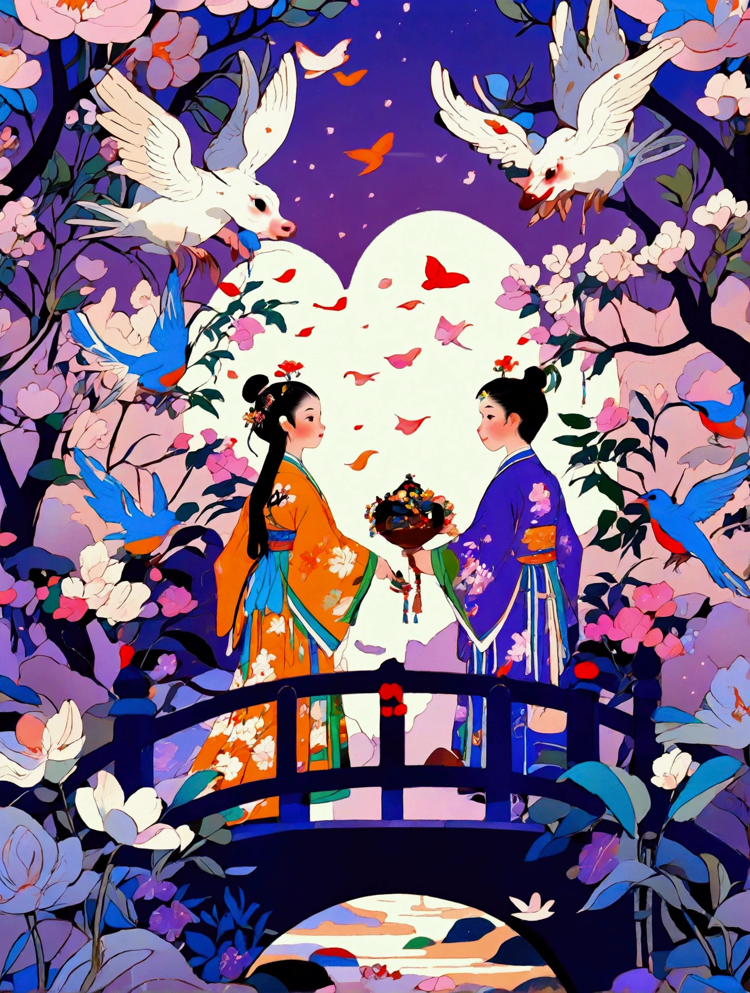 (((8k，Bright colors，Bright，Ultra high saturation，rgb, Colorful))), Chinese style，(Boy and girl in love:1.5)，(Flat poster design)，There are two people on the poster，(Cowherd and Weaver Girl standing on an elegant bridge:1.5)，The background is dreamy pink and purple，White magpies circling around them in the night sky，Surrounded by stars，Create a dreamy atmosphere，It is created in the style of Hayao Miyazaki&#39;s anime，In the foreground，There are some flowers in front，High Definition，High Detail，Dunhuang mural style，Dunhuang bright colors，Dunhuang Elements，Flat illustration