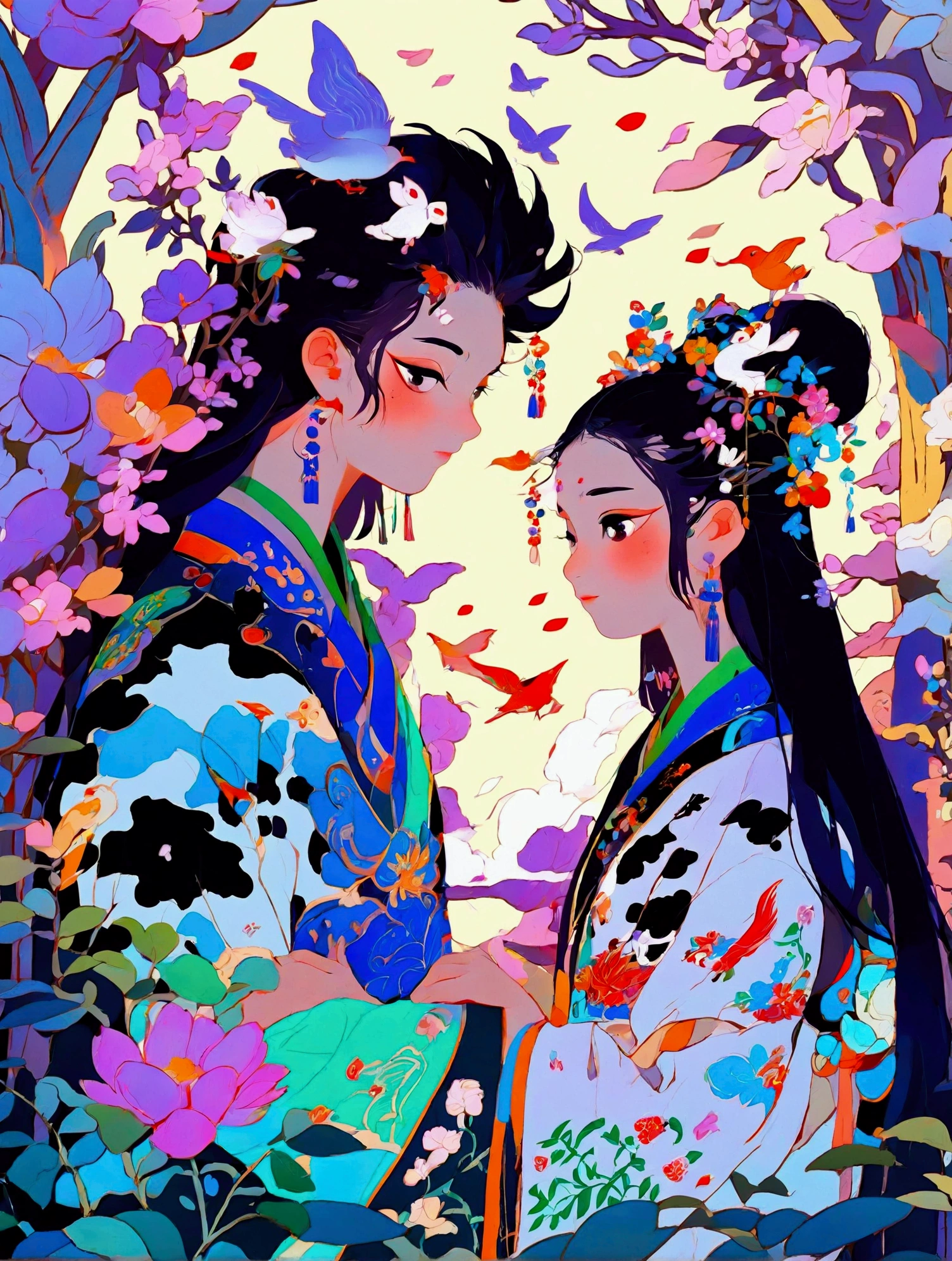 (((8k，Bright colors，Bright，Ultra high saturation，rgb, Colorful))), Chinese style，(Boy and girl in love:1.5)，(Flat poster design)，There are two people on the poster，(Cowherd and Weaver Girl standing on an elegant bridge:1.5)，The background is dreamy pink and purple，White magpies circling around them in the night sky，Surrounded by stars，Create a dreamy atmosphere，It is created in the style of Hayao Miyazaki&#39;s anime，In the foreground，There are some flowers in front，High Definition，High Detail，Dunhuang mural style，Dunhuang bright colors，Dunhuang Elements，Flat illustration