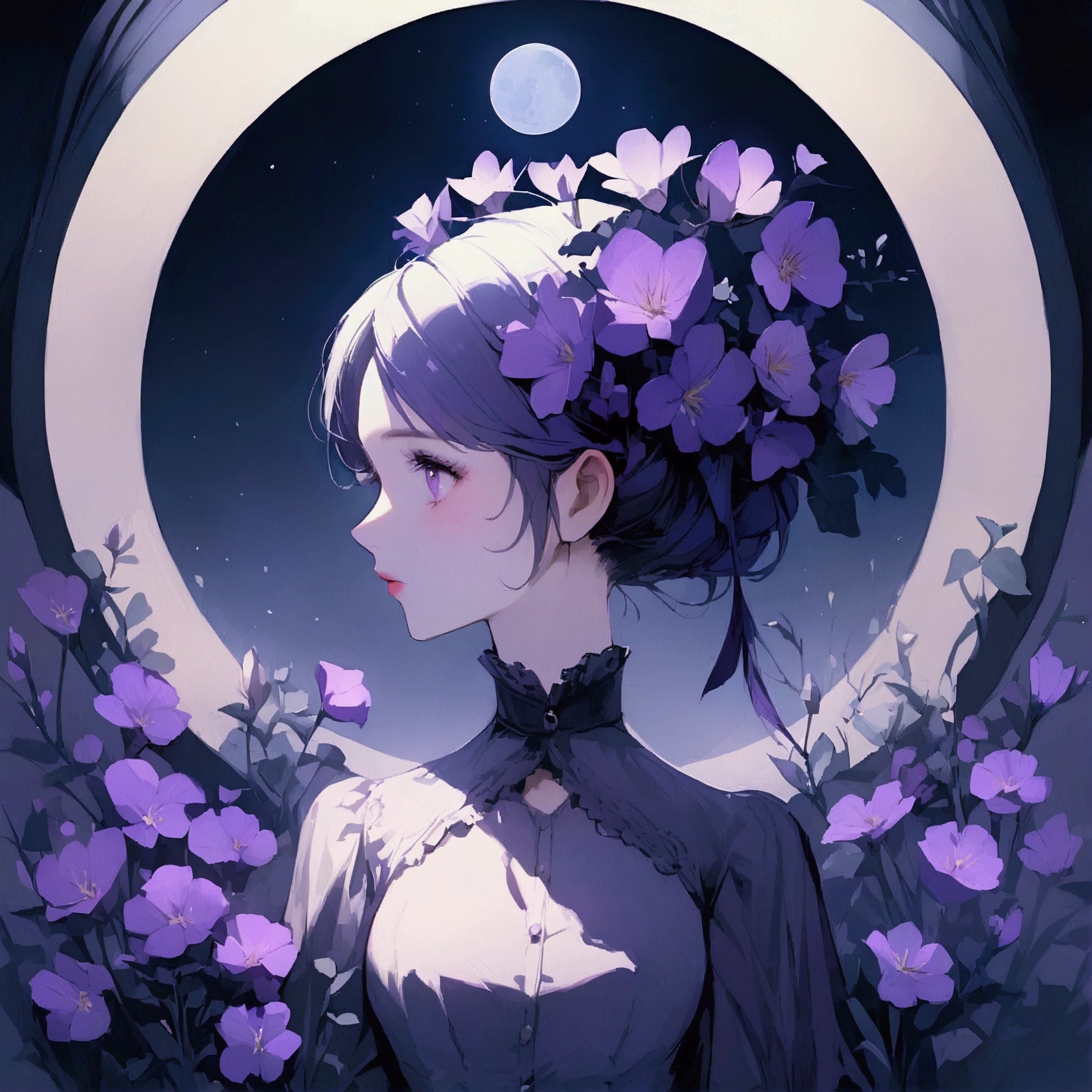 Woman surrounded by purple flowers Simple Nostalgic Moonlight