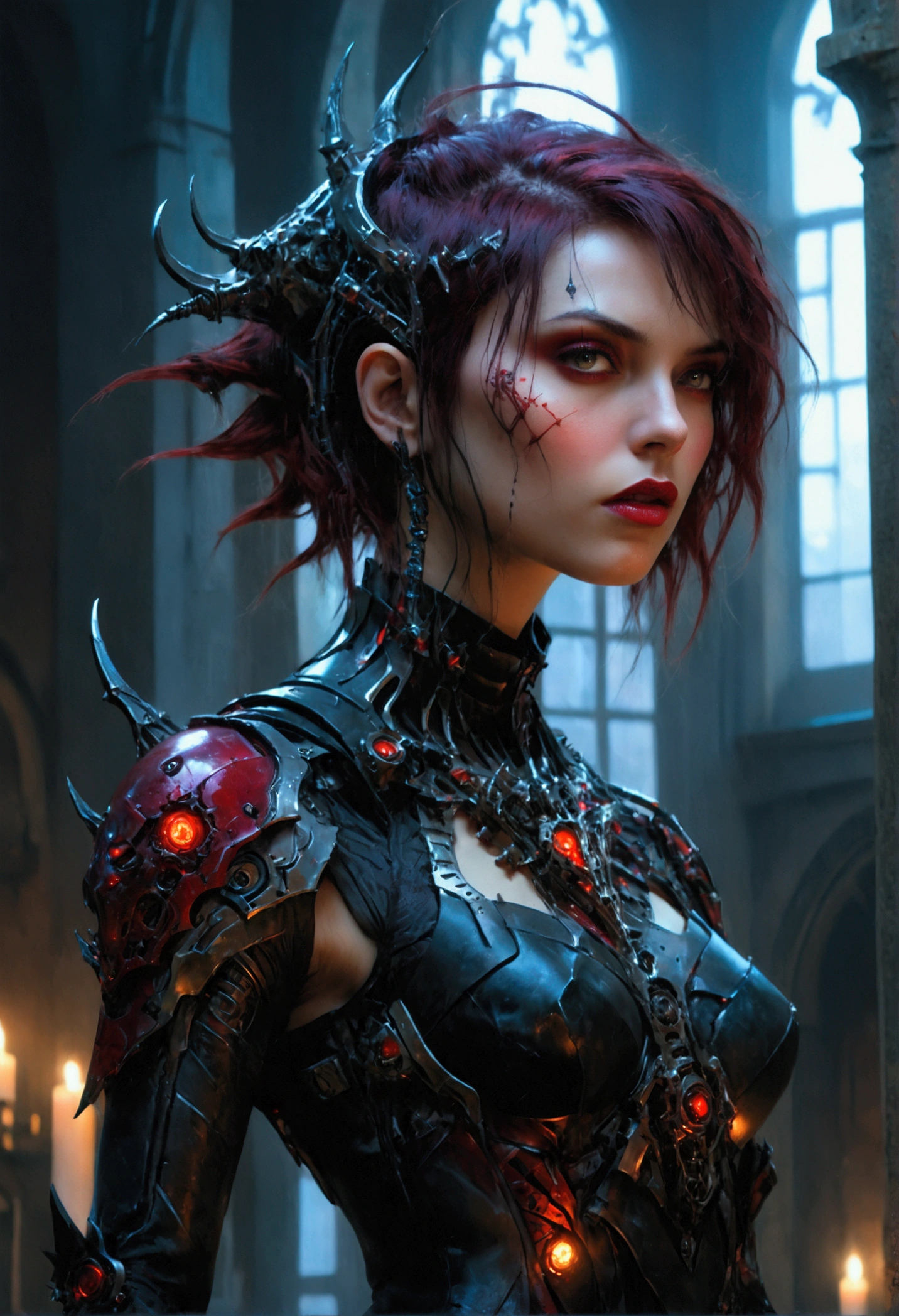 a portrait of mecha female vampire in a dark gothic cyberpunk church, an exotic exquisite beautiful mecha female vampire, dynamic hair color, short hair, dynamic eyes color, intense eyes, glowing eyes, dynamic eyes color, wearing intricate mech armor, delicate mech armor, delicate blood veins in the armor, wearing thigh high heeled boots, dark gothic cyberpunk church background, vibrant, Ultra-high resolution, High Contrast, (masterpiece:1.5), highest quality, Best aesthetics), best details, best quality, highres, 16k, (ultra detailed: 1.5), masterpiece, best quality, (extremely detailed) RAW, (ultra details, Masterpiece, best quality), Dark Art Painting Style, Dark Fantasy page, bloodpunkai