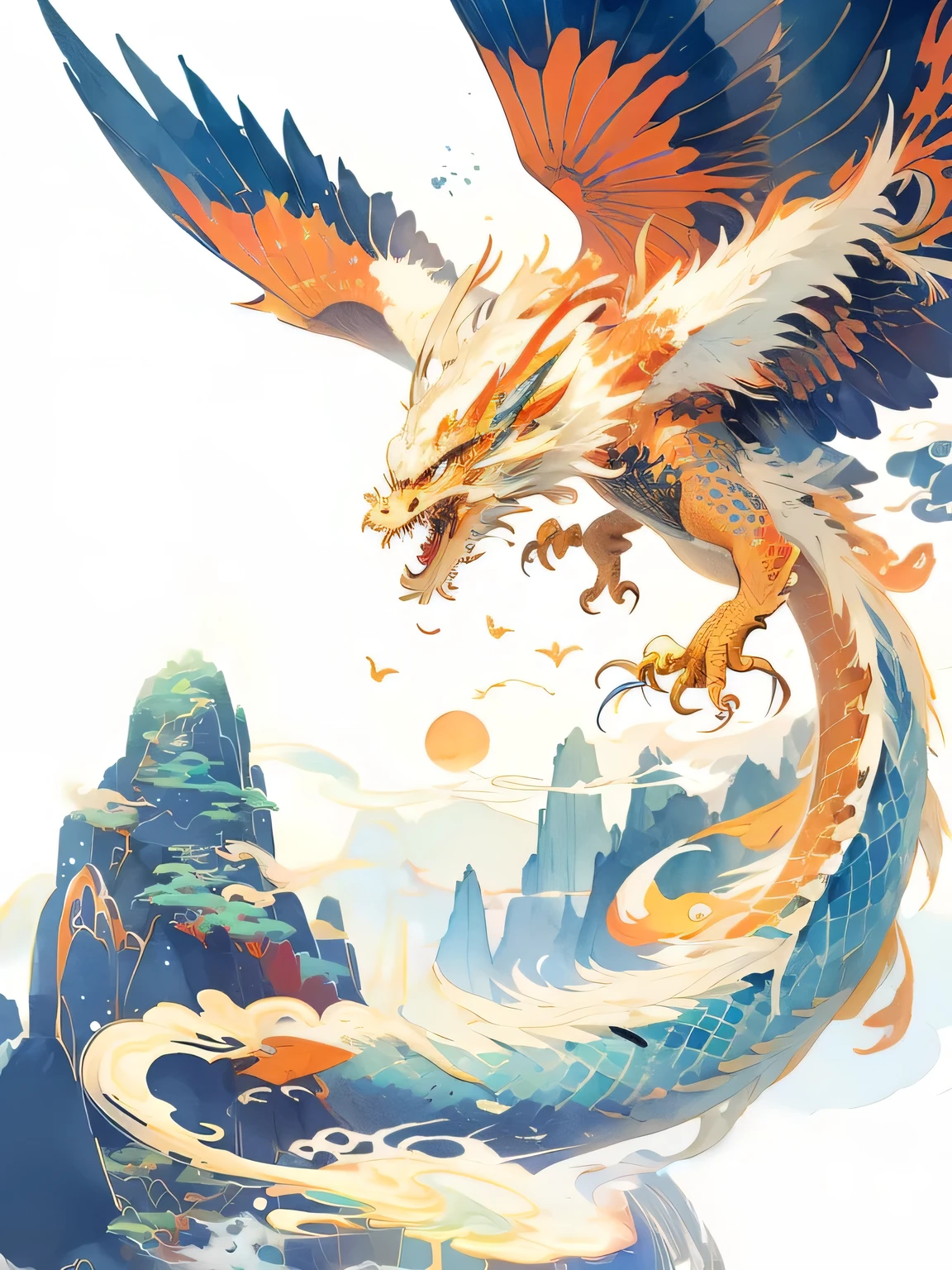 Brightly colored Chinese watercolor dragon flying over mountains with sky background, Dragon Art, 中国ink龙启发,Watercolor style,ink,Chinese Art Style,A beautiful artistic illustration