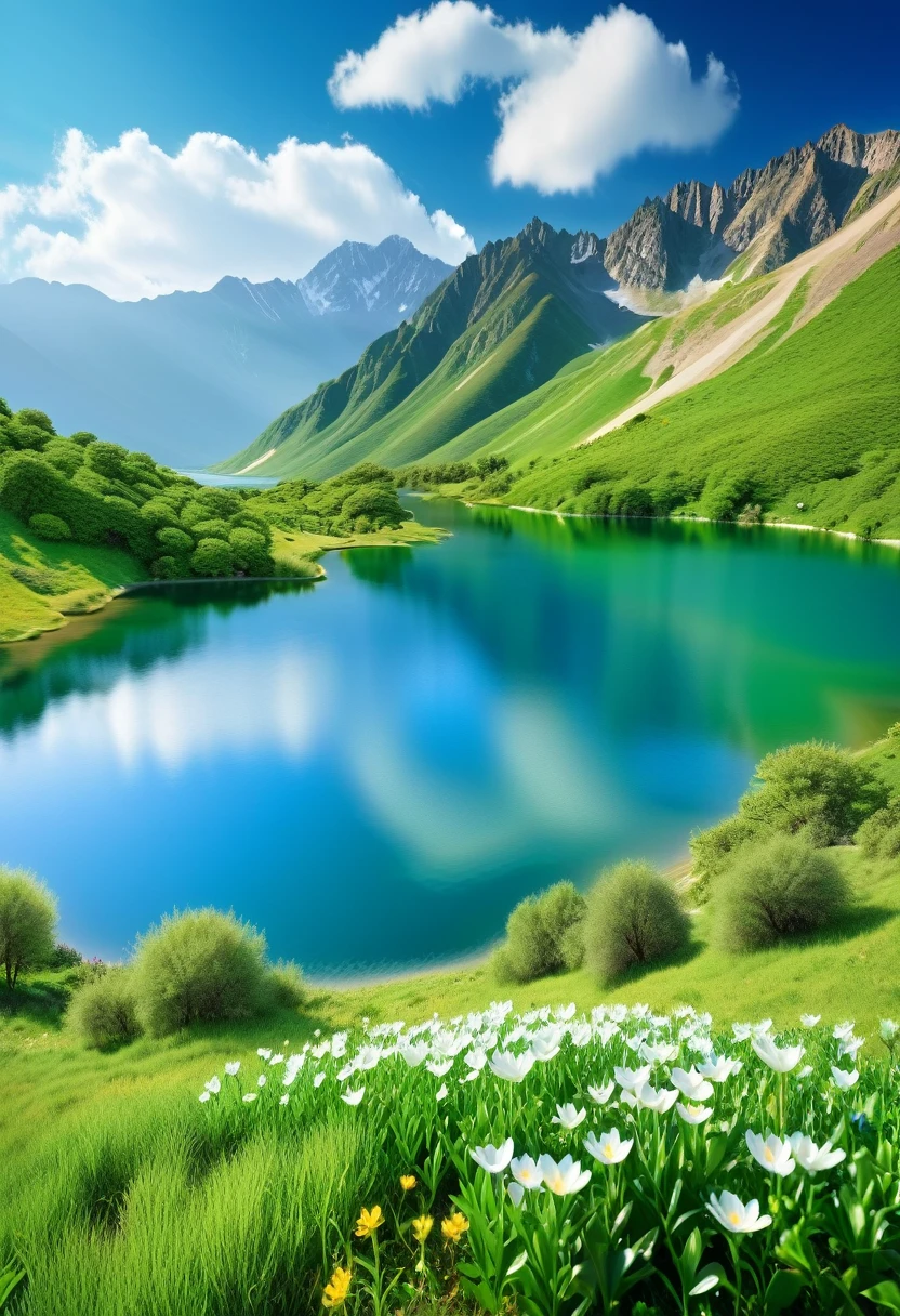 A beautiful, lifelike landscape photo, lake, high mountains, rolling white clouds, blue sky, blooming flowers, green grass, dense bushes, the photo exudes a peaceful, fairy-like atmosphere.