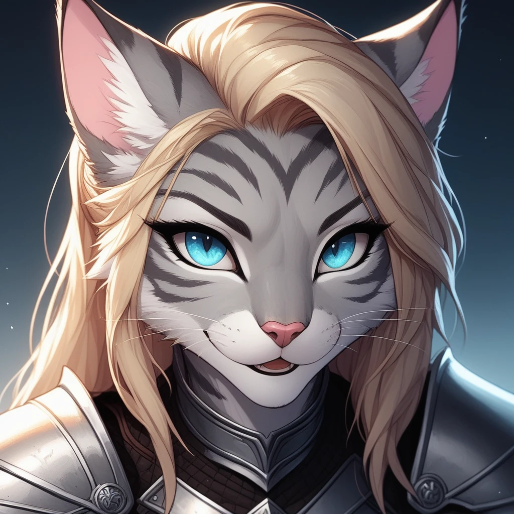 score_9,score_8_up,score_7_up, score_6_up, score_5_up, source_anime, Kat, Anthro furry feline, silver fur, grey stripes on body, blue eyes, long blonde hair, undercut hair, pink nose, :3, wearing SamuraiArmor, portrait close up, upper body shot, mouth open, talking, eyes half open, looking at the viewer 