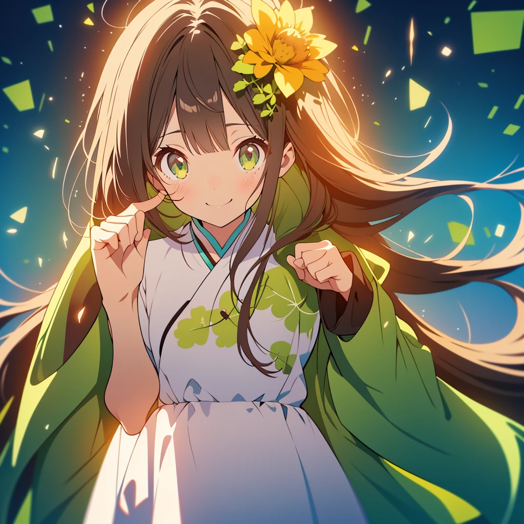 kawaii, anime, Cute, hyper quality, highly detailed, 8k, Clarity, Draw facial expressions in detail, Girl with long dark brown hair and green eyes, adiantum, raise the index fingers of both hands, celebration, smile, raise your index finger, point up with your index finger, whole body, moonlight, highlight on eyes, Pure white dress, 