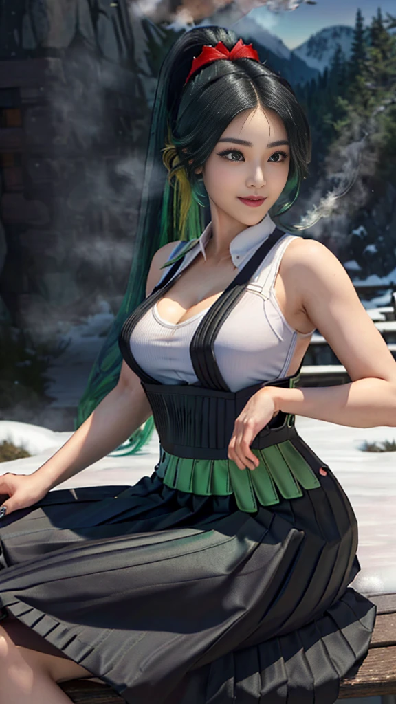 (((masterpiece:1.4, best quality:1.4, 8K, Ultra-high resolution, Physically Based Rendering))), Clear focus, Plane lighting, Super beautiful sexy woman, Very beautiful Japanese woman, Perfect body:1.1, 24 years old, Solitary, Exquisite big eyes, Detailed eyebrows, emphasize,Light green eyes,Intensely brightens eyes, The eyes are slightly bigger, Double eyelids,Red glasses,Red half frame glasses, (((Long ponytail hairstyle,black hair and green hair, Good-looking hair accessories))), (The strong wind blows your hair:1.4), Highly detailed face and skin texture, Slim and beautiful:1.4, ((Super sexy black belly-baring clothes, sleeveless:1.1)), (((Medium breasts:1.2))), Slim abdominal muscles, Yao Liuer, ((Black pleated suspender skirt:1.5), Clear facial features, (Smile:1.1, steam:1.4), Looking at the audience, (Front view), (Snowfield at dusk:1.4), Sitting on a bench