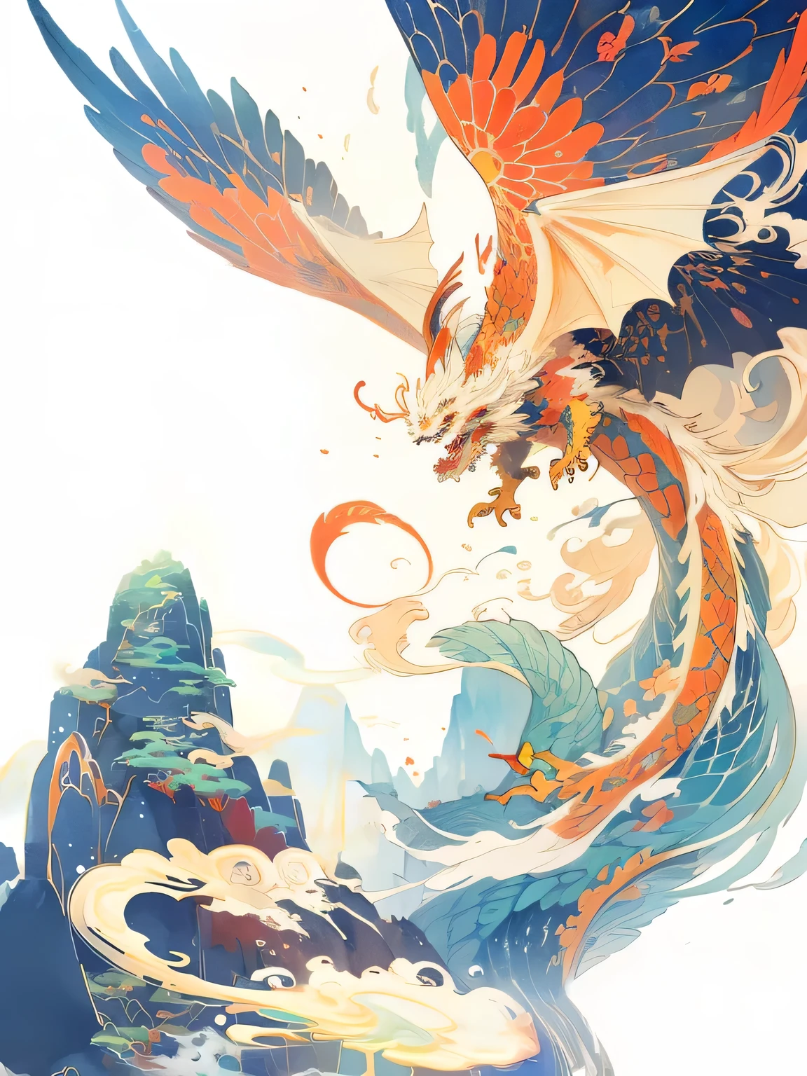 Brightly colored Chinese watercolor dragon flying over mountains with sky background, Dragon Art, 中国ink龙启发,Watercolor style，ink，Chinese Art Style，A beautiful artistic illustration