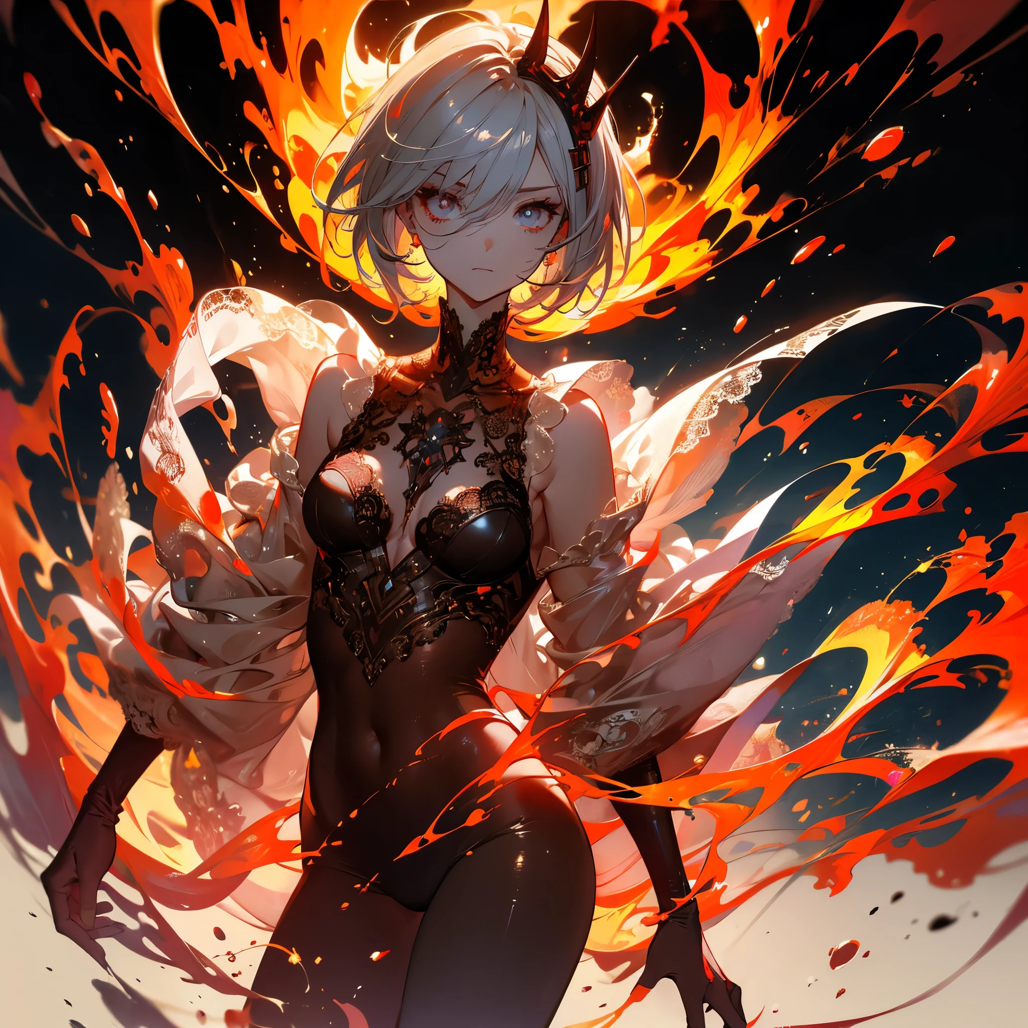 ((masterpiece, best quality)), Delicate face，Demon King，hell，Surrounded by flames，whole body，Standing picture，An arrogant expression，Perfect body proportions，short hair，beautiful eyes，Fantasy style，White background，transparent，Lace，NUDE，Charm