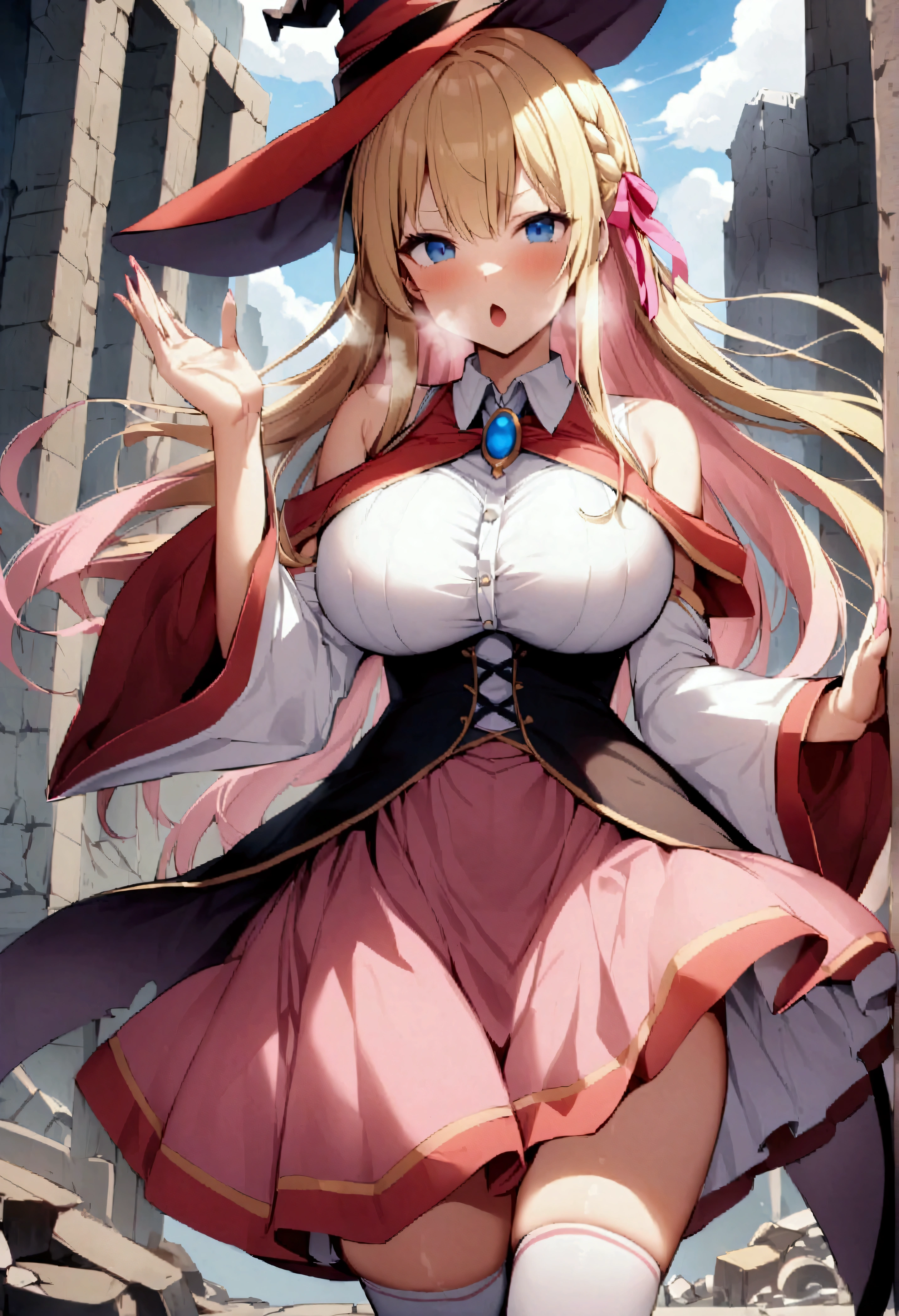 score_9、score_8_up、score_7_up、score_6_up、source_アニメ、rating_explicit、One girl、solo、Big Breasts、Blonde Hair、Long Hair、blue eyes、Braid、Pink hair ribbon、Braidのポニーテール、Witch Hat、brooch、Pink tie、White shirt、Collared shirt、Sleeveless shirt、dress、Removable sleeves、Long sleeve、Wide sleeves、Bridal Gauntlet、Pink Skirt、Red Skirt、White knee socks、Serious、Open your mouth、Narrow shoulders、Heavy breathing、Steaming body、ruins、Outdoor、Staring at the audience、Close-up、Raise your hand、magic circle、Casting a Spell