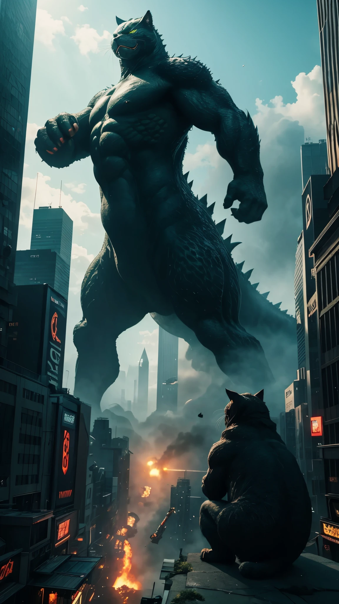 A giant cat-shaped Godzilla and a colossal green cat-shaped Hulk are engaged in a cinematic battle in the heart of a bustling city. Capture this epic confrontation in an ultra-high-definition 8K resolution. Use a Wide View to showcase the full-scale clash between these titanic creatures, with Cinematic Lighting emphasizing the dramatic action. The scene should feature a Dynamic Symmetry Composition to highlight the balance of power between the two giants. Opt for a High Angle View to capture the enormity of the battle from above, adding an extra layer of intensity. The Cyberpunk style will infuse the scene with a vibrant, futuristic atmosphere. Employ Ray Tracing to ensure realistic lighting and reflections, enhancing the photorealistic quality of the image.
