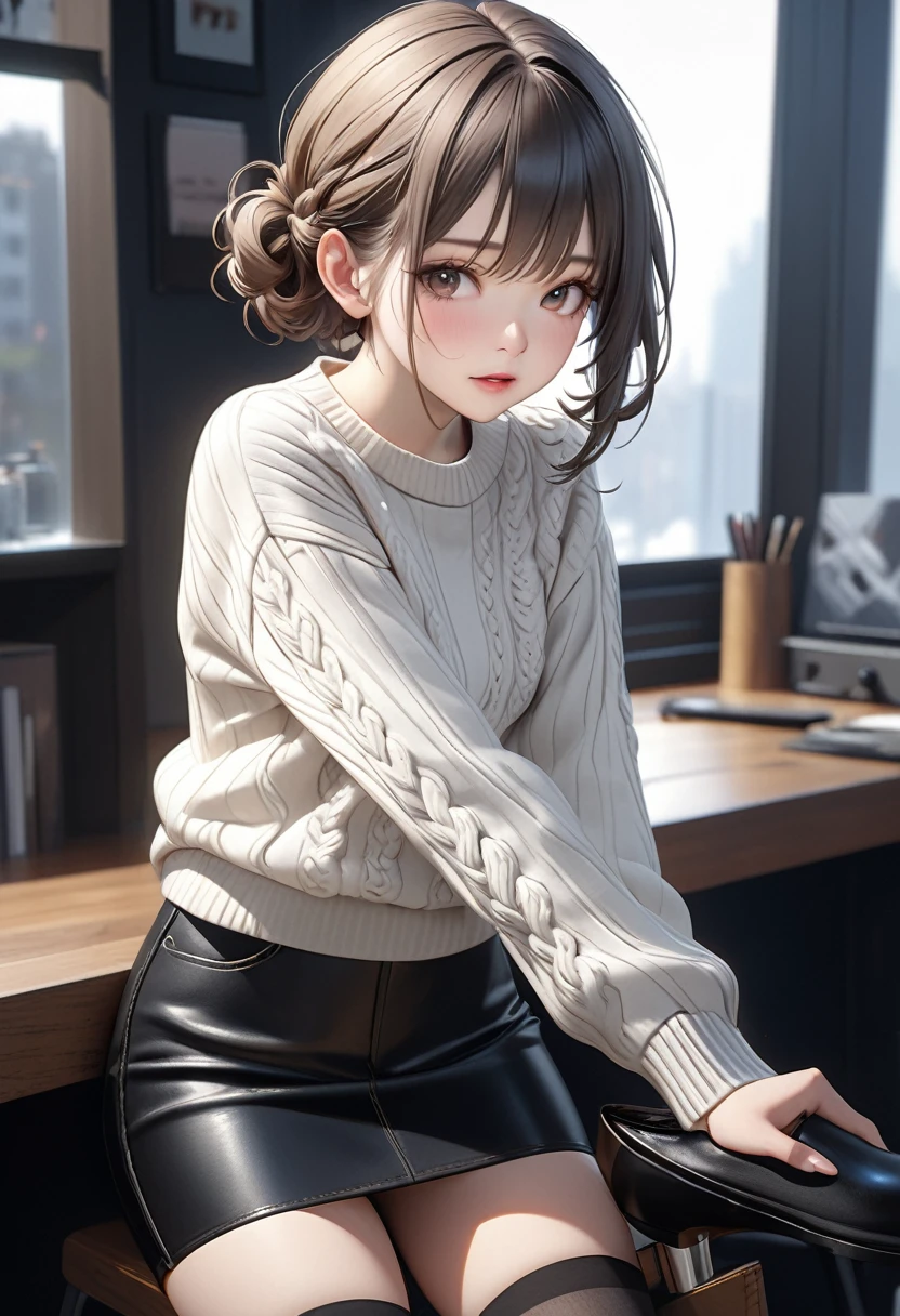 (Random Porn Poses),(Random Hairstyles),(Best image quality,(8k),Ultra-realistic,最high quality, high quality, High resolution, high quality texture,Attention to detail,Beautiful details,Fine details,Highly detailed CG,Detailed Texture,Realistic facial expression,masterpiece,Presence),sweater,Tight mini skirt,stockings,Engineer boot