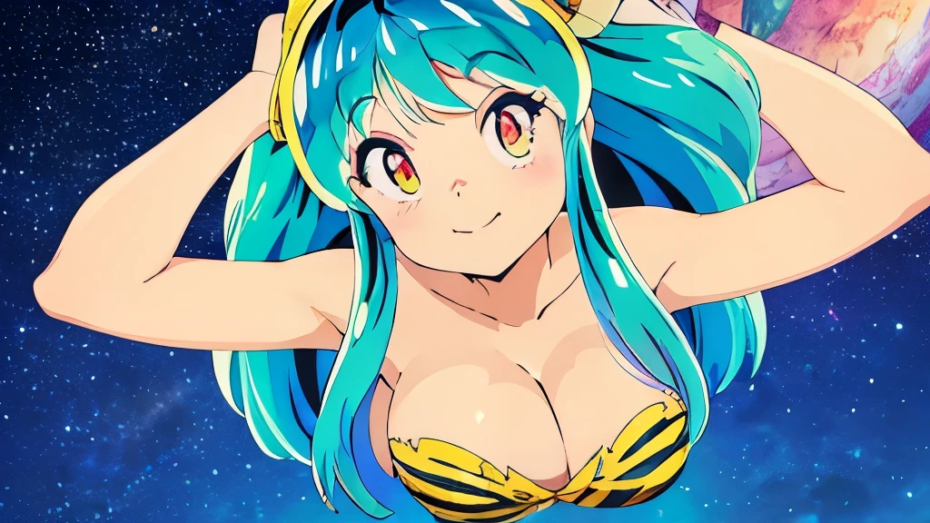 Lum, Beautiful Dreamer, A pose that accentuates her large cleavage、Bewitching Smile、Cosmic Background、Looking for a kiss、Skin flushing、Flying in the sky