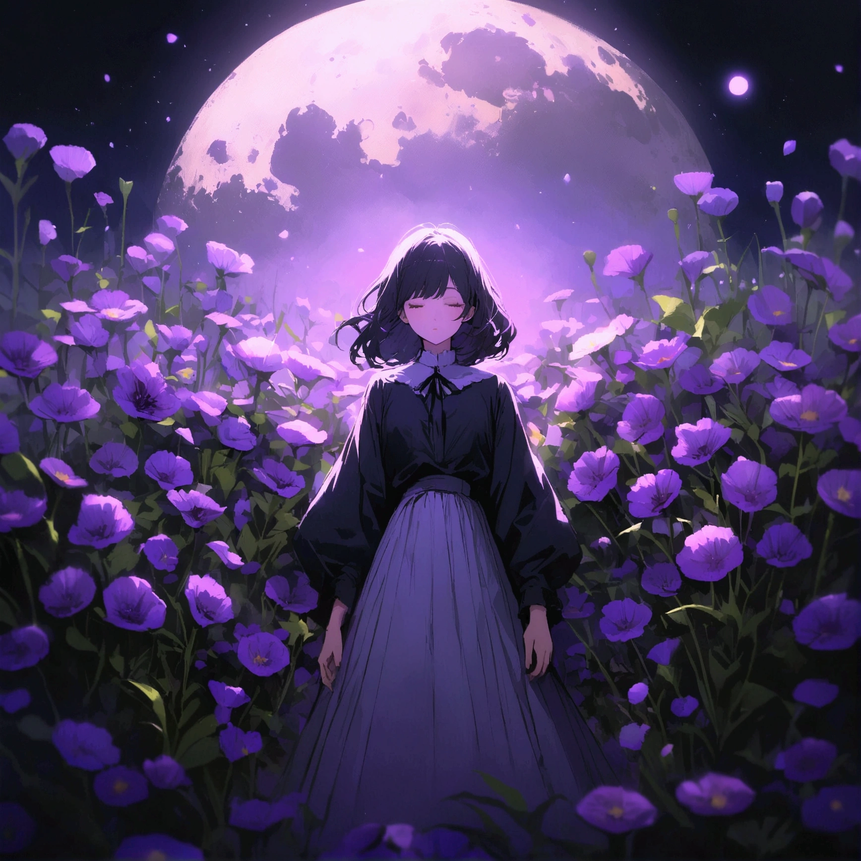 Woman surrounded by purple flowers Simple Nostalgic Big moon