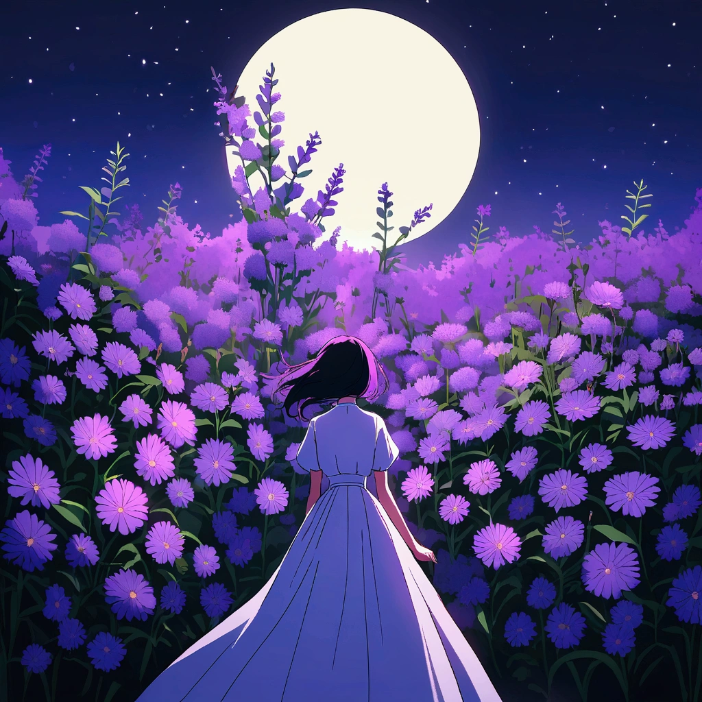 Woman surrounded by purple flowers Simple Nostalgic Big moon