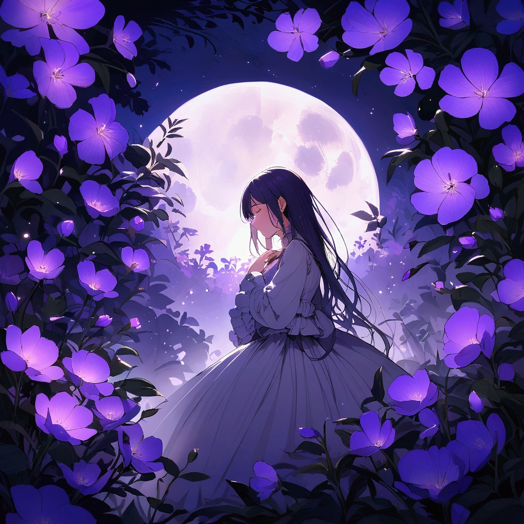 Woman surrounded by purple flowers Simple Nostalgic Big moon