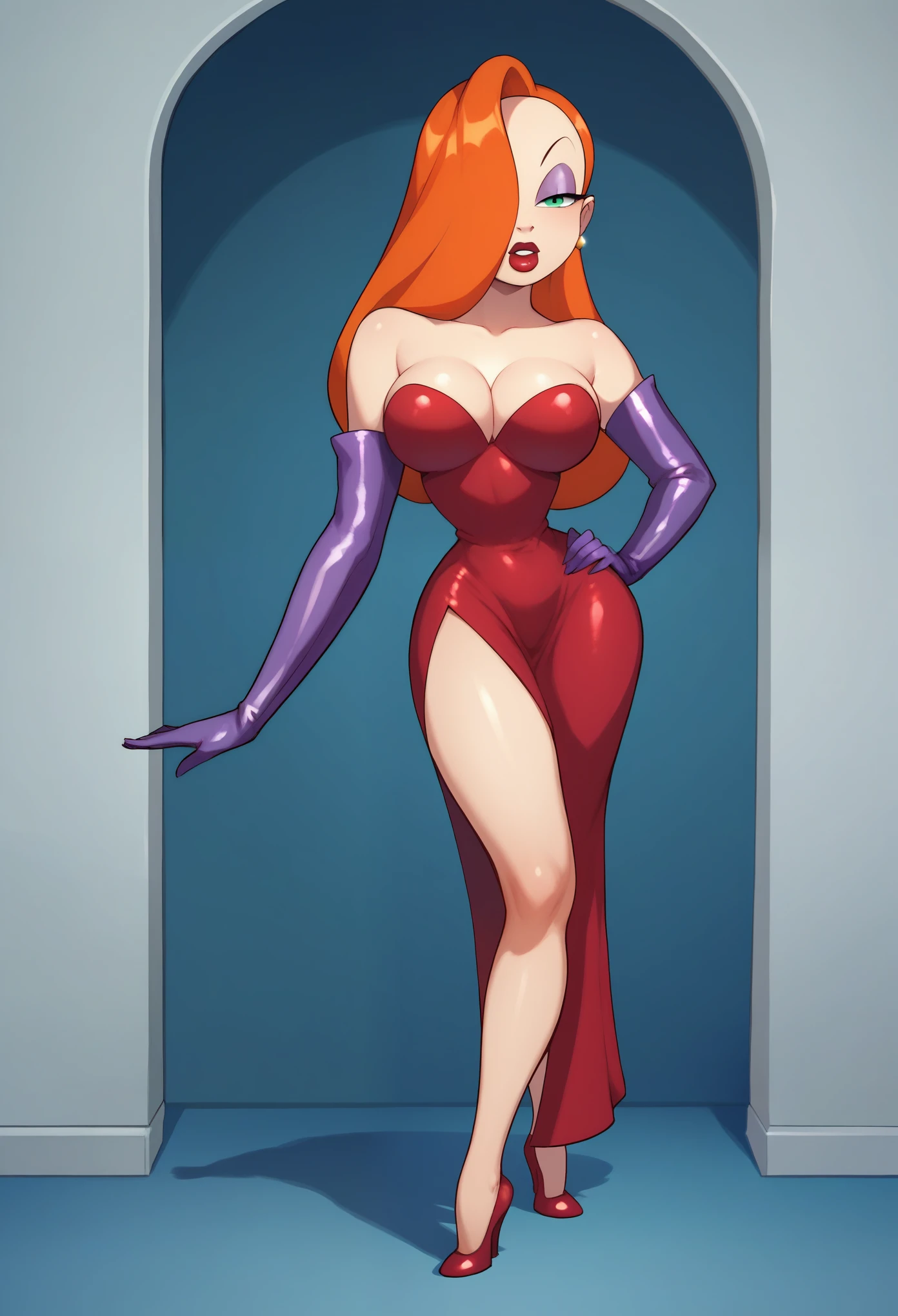 score_9, score_8_up, score_7_up, score_6_up, score_5_up, score_4_up, Jessica Rabbit, (front view), green eyes, long orange hair, (wearing a red side slit dress), purple sleeve gloves, red high heels, sexy curves, big head, (solo), (standing), (one hand on hip), (seductive pose), (seductive look), (looking at viewer), (night club background)