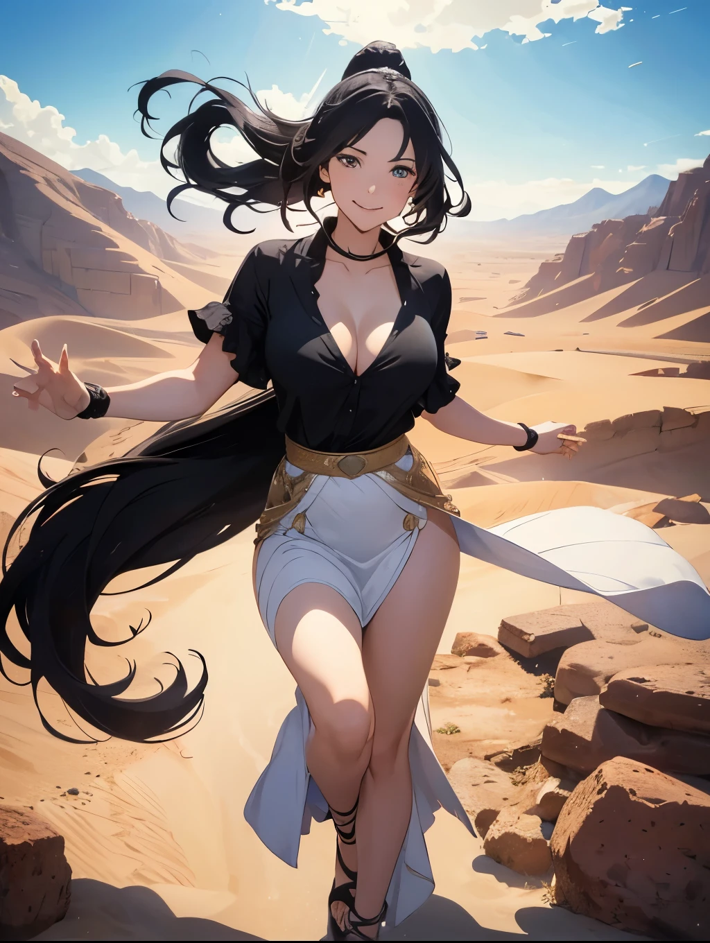 a woman love and hate gleek godess running over a colorful desert, illustration by makoto shinkai,huge braid ponytail,black hair,bewitching smile,thin blouse,flair skirt,huge gigantic busty body woman,(A hyper-realistic), (Illustration), (High resolution), (8K), (Very detailed), (Best Illustration), (Best Quality), (ultra-detailliert), (masterpiece),